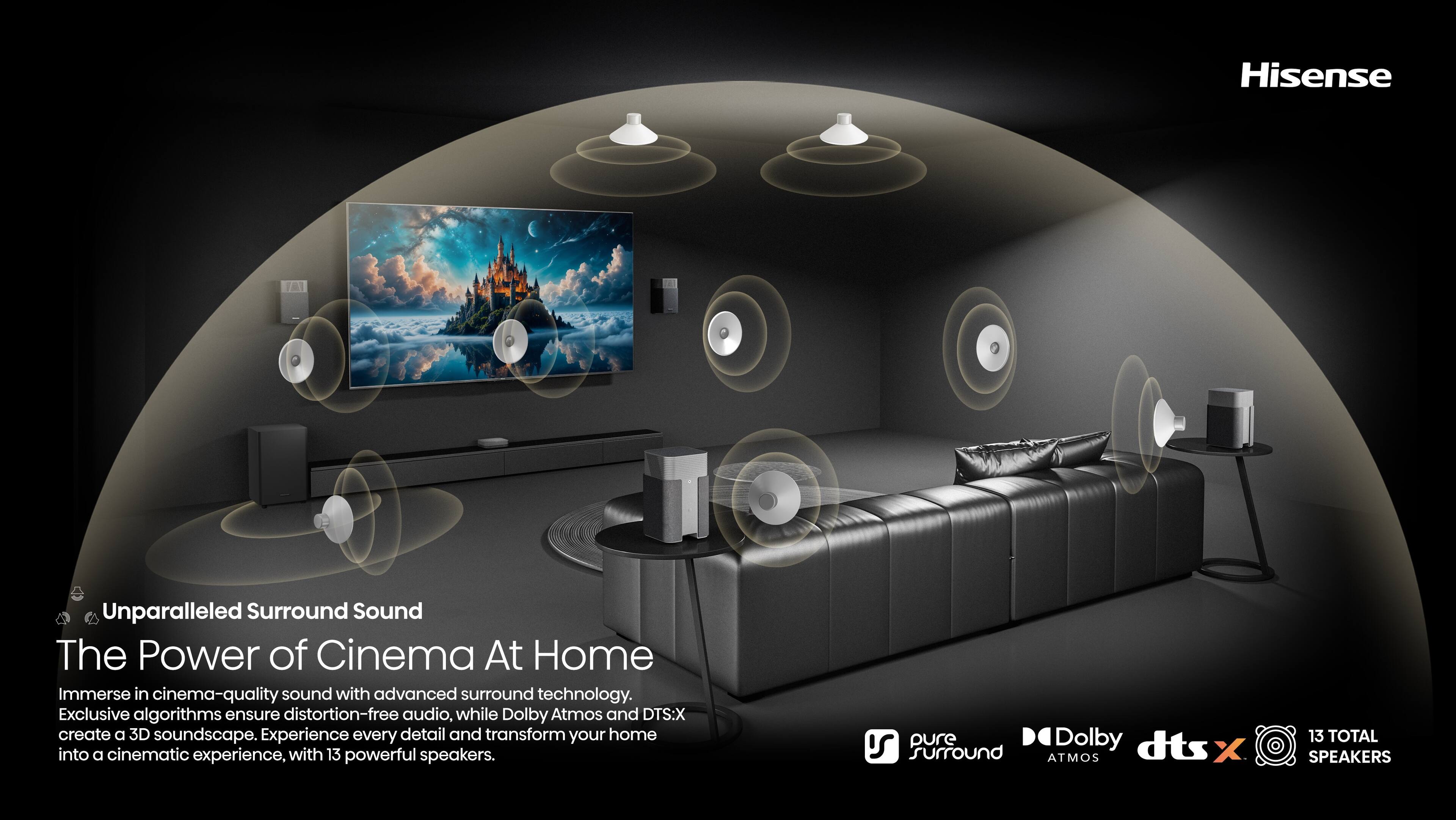Hisense Unparalleled Surround Sound The Power of Cinema At Home Immerse in cinema-quality sound with advanced surround technology. Exclusive algorithms ensure distortion-free audio, while Dolby Atmos and DTS:X create a 3D soundscape. Experience every detail and transform your home into a cinematic experience with 13 powerful speakers.