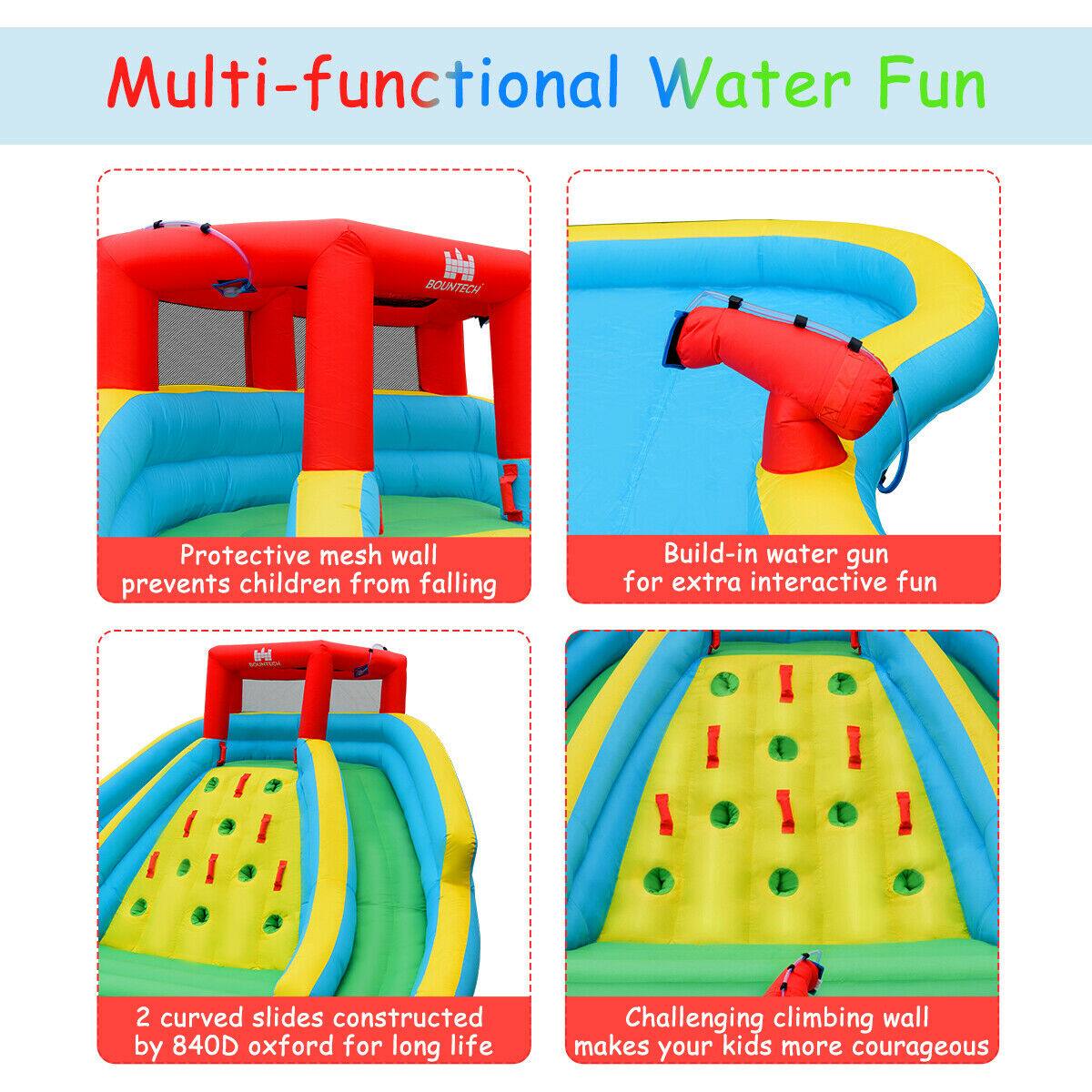 Multi-functional Water Fun

- Protective mesh wall prevents children from falling
- Build-in water gun for extra interactive fun
- 2 curved slides constructed by 840D oxford for long life
- Challenging climbing wall makes your kids more courageous