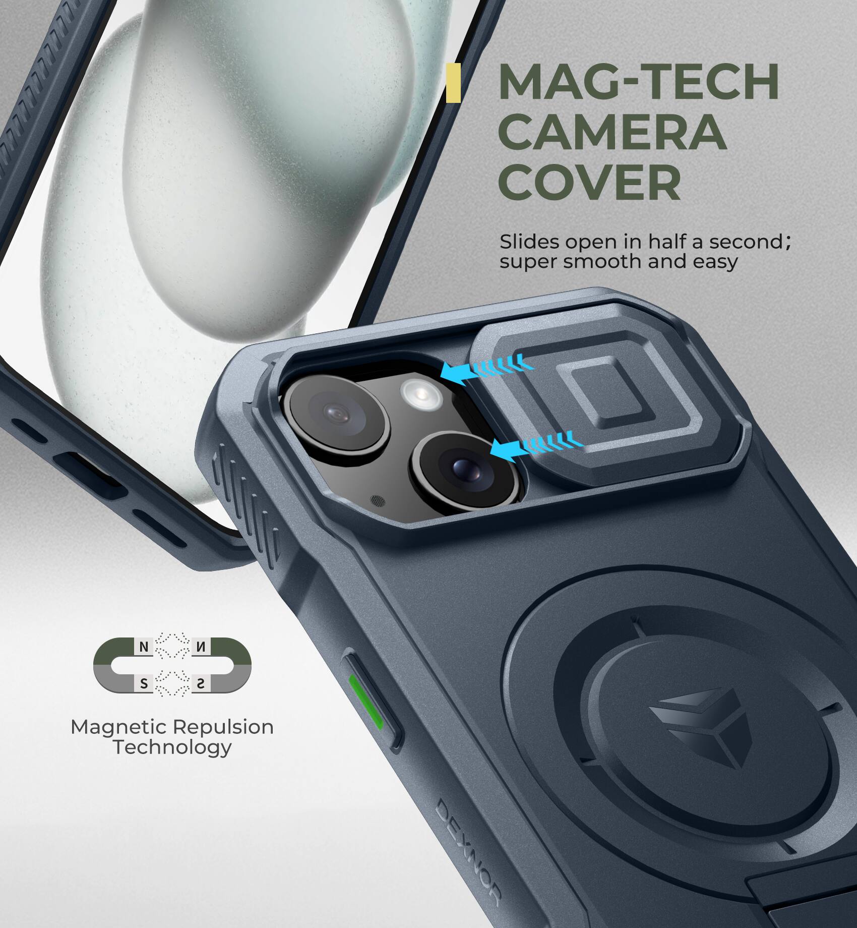 MAG-TECH CAMERA COVER  
Slides open in half a second; super smooth and easy  

Magnetic Repulsion Technology