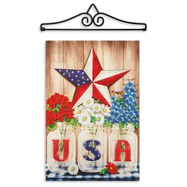 G128 - Combo Pack Garden Flag Hanger 14in with USA Star Flowers 12x18in Double-Sided Flag - Red, White, Blue