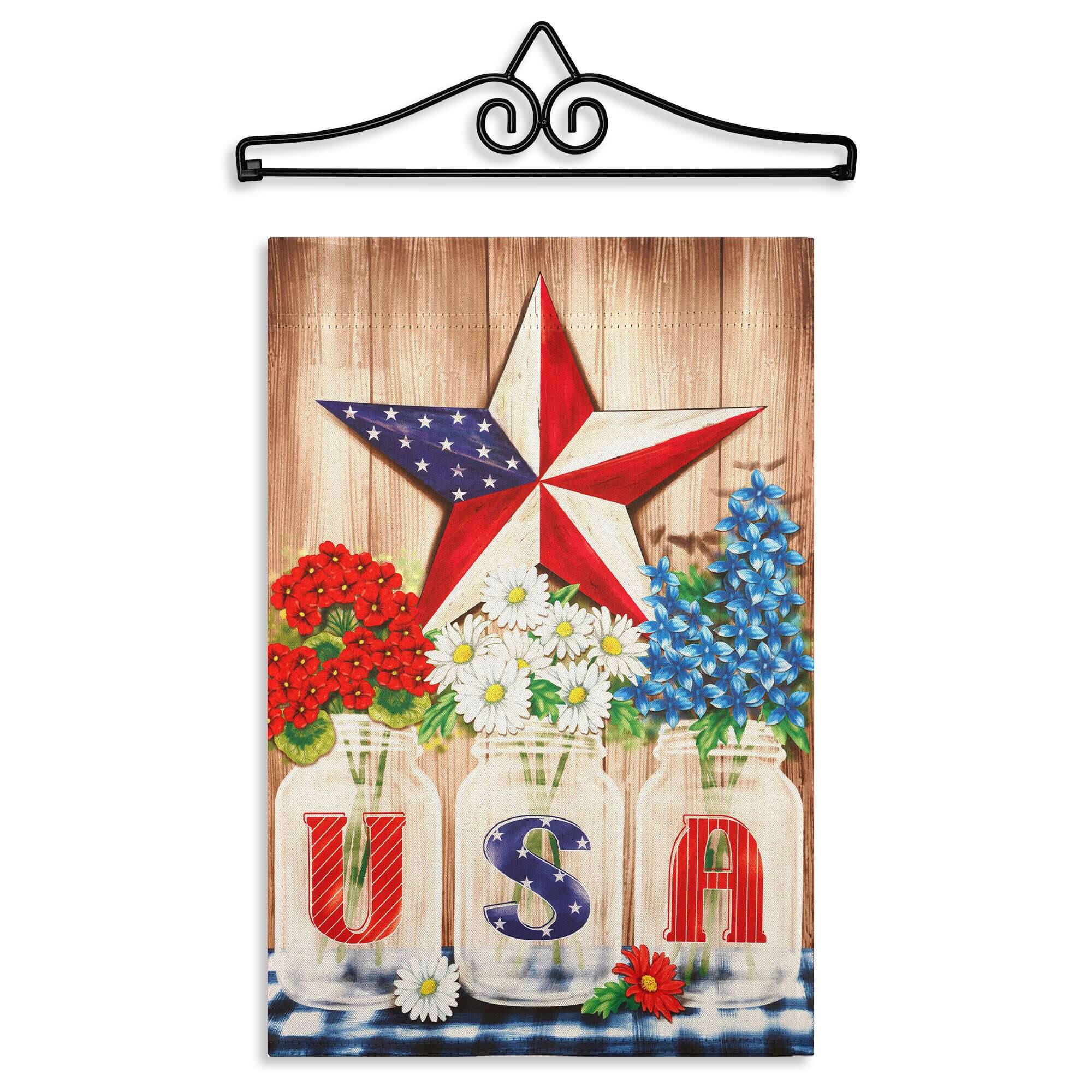 Front. G128 - Combo Pack Garden Flag Hanger 14in with USA Star Flowers 12x18in Double-Sided Flag. - Red, White, Blue.