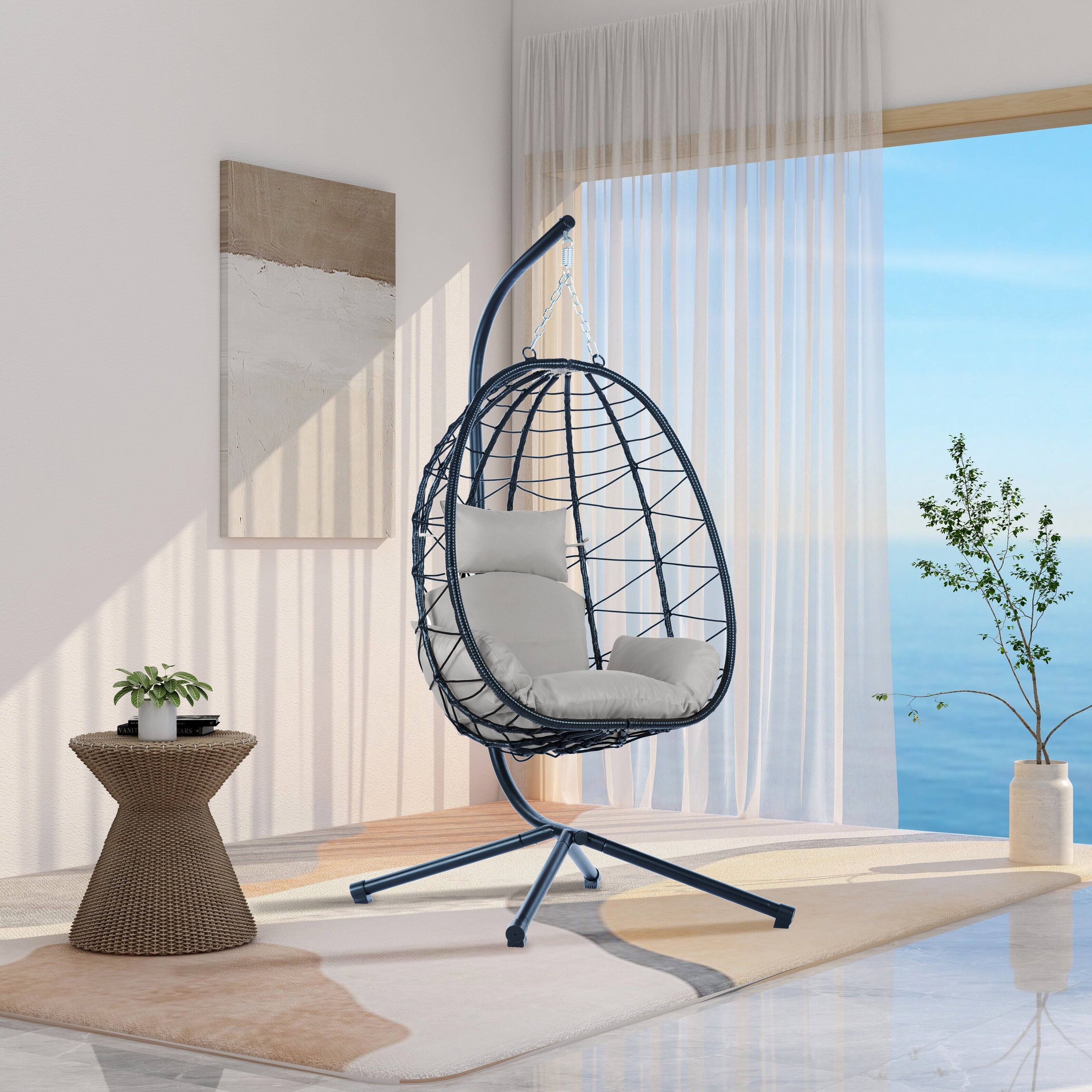 Alt View 4. Tiramisubest - Egg Chair with Stand Indoor Outdoor Swing Chair Patio Wicker Hanging Egg Chair for Bedroom,Living Room,Balcony - Light Gray.