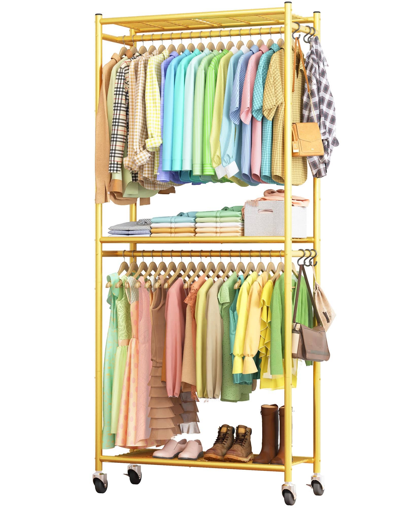 ThinkLink Electronic - Clothes Rack - 33.0" X 12.2" 79.5" Clothing With Shelves & Wheels Multi-functional Wardrobe Closet Hooks - Gold Large