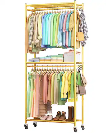 Front. Hirose Alice - Clothes Rack 33.0" x 12.2" x 79.5" Clothing Rack with Shelves & Wheels Multi Functional Wardrobe Closet - Gold Large.