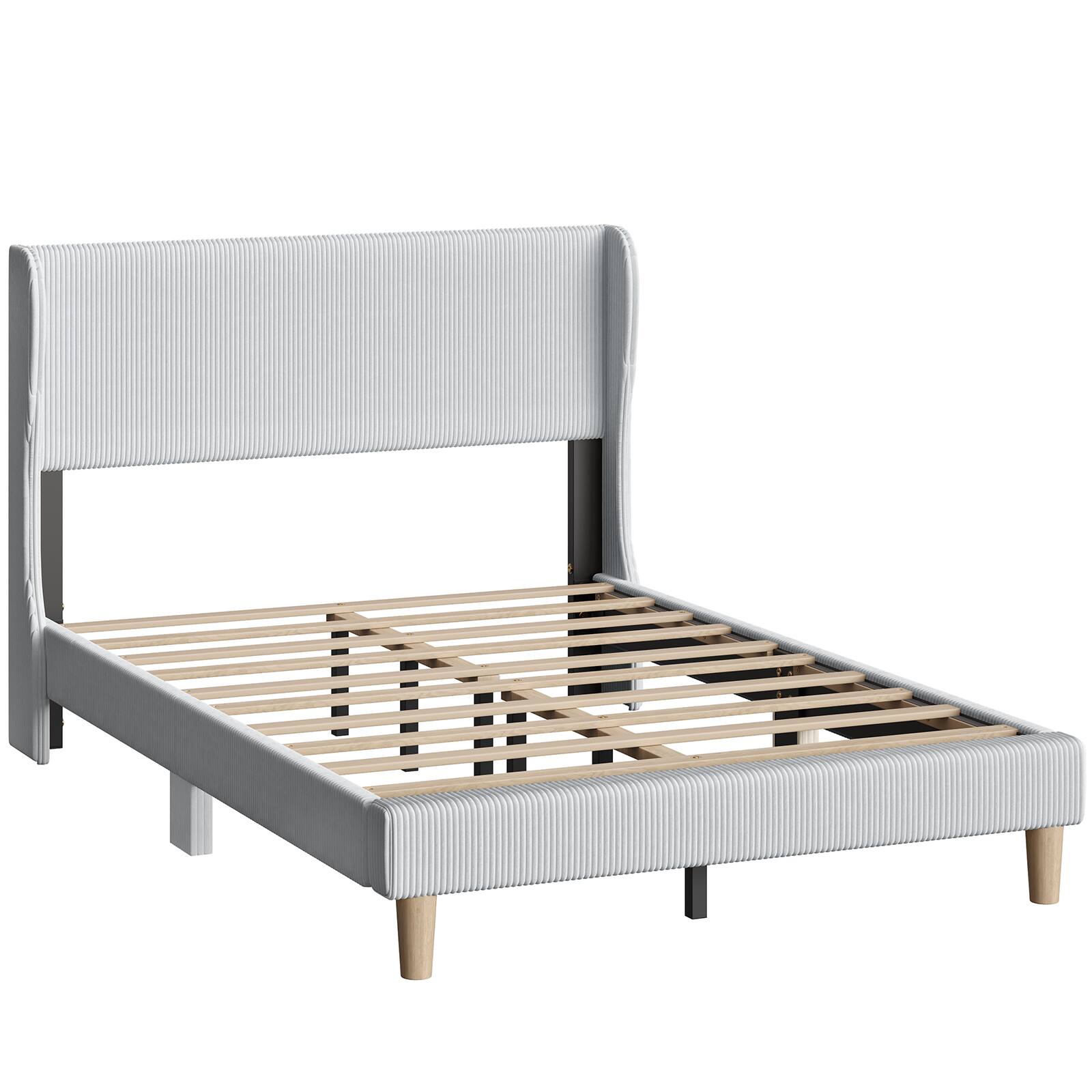 Alt View 4. Bestier - Wood Frame Corduroy Upholstered Platform Bed Frame with Wingback Headboard - Light Grey.