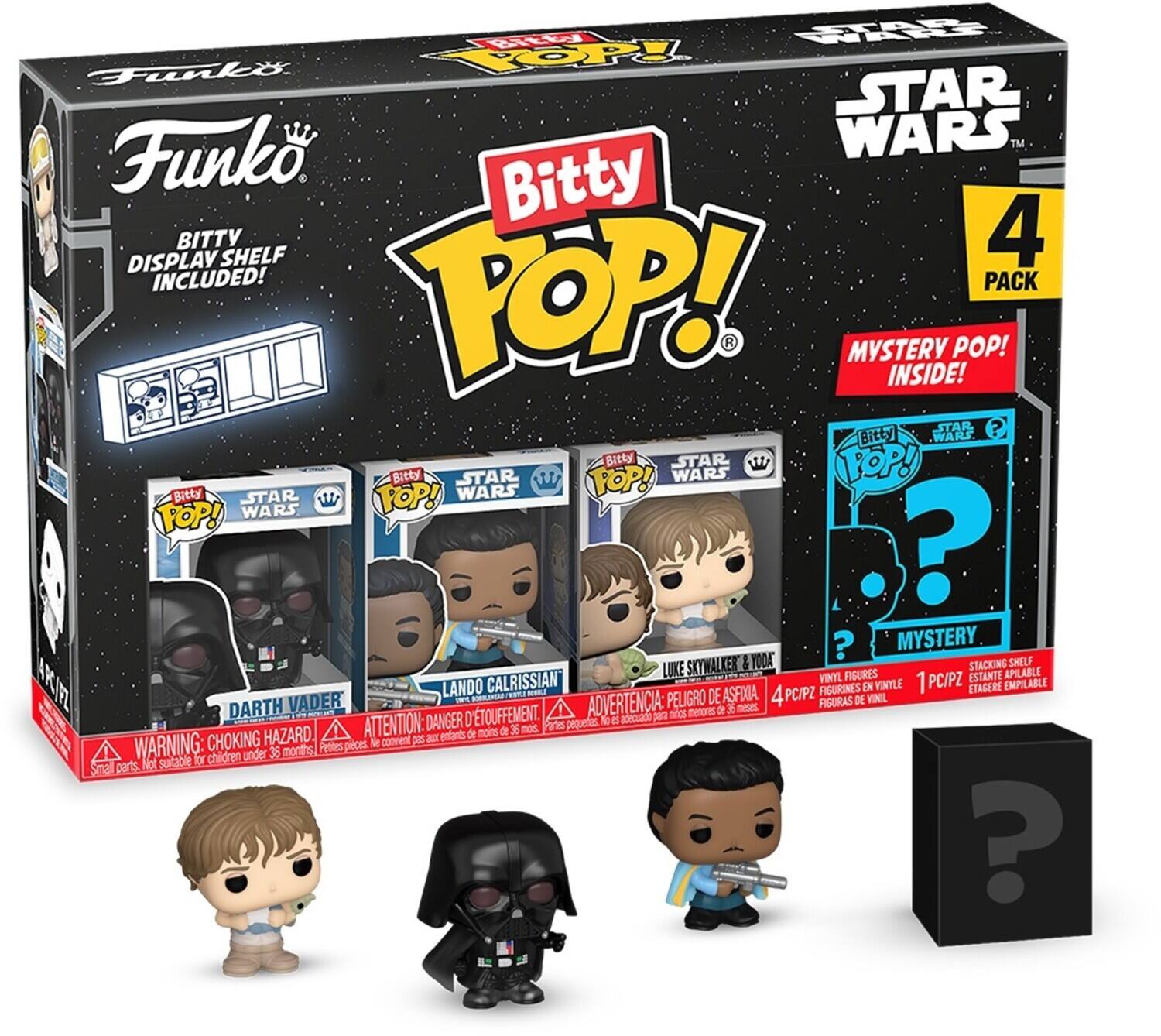 I Pt Funko pop! STAR WARS Bitty DISPLAY SHELF 4 INCLUDED! PACK POP! MYSTERY INSIDE! POP! STAR ? Bitty WARS Bitty STAR POP! Bitty STAR w FOP! WARS Batty STAR  FOP! WARS FOP! WARS ? ? MYSTERY LUKE SKYWALKER & 1OOK STACKING SHELF VINYL FIGURES ESTANTE APILABLE AK/ LANDO CALRISSIAN FIGURINES EN VINYLE 1 PC/PZ ETAGERE EMPILABLE S S DE ASFIA 4PC/PZ VADER ADVERTENCIA: PELIGRO FIGURAS DE VINIL menores 2 9 meses D'TOUFFEMENT. B adecudde pan nncs ATTENTION: DANGER Pates prqueas lo de mons de 36 moi CHOKING HAZARD, convient s au entants WARNING: Pyotes peces N fr children under 36 months Smal parts. Not sutable ?