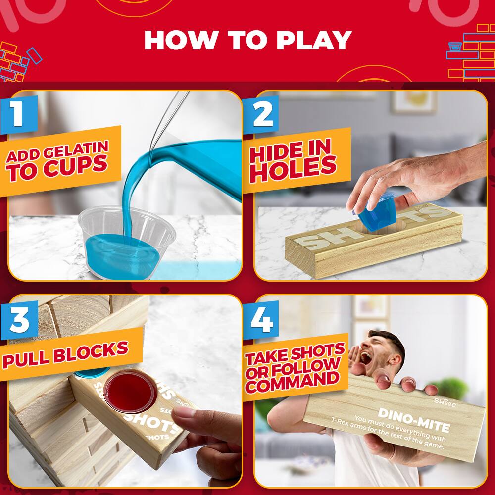 Sure, here is the corrected and grouped text:

---

**HOW TO PLAY**

1. **ADD GELATIN TO CUPS**

2. **HIDE IN HOLES**

3. **PULL BLOCKS**

4. **TAKE SHOTS OR FOLLOW COMMAND**

   - **DINO-MITE**
     - You must do everything with T-Rex arms for the rest of the game.

---
