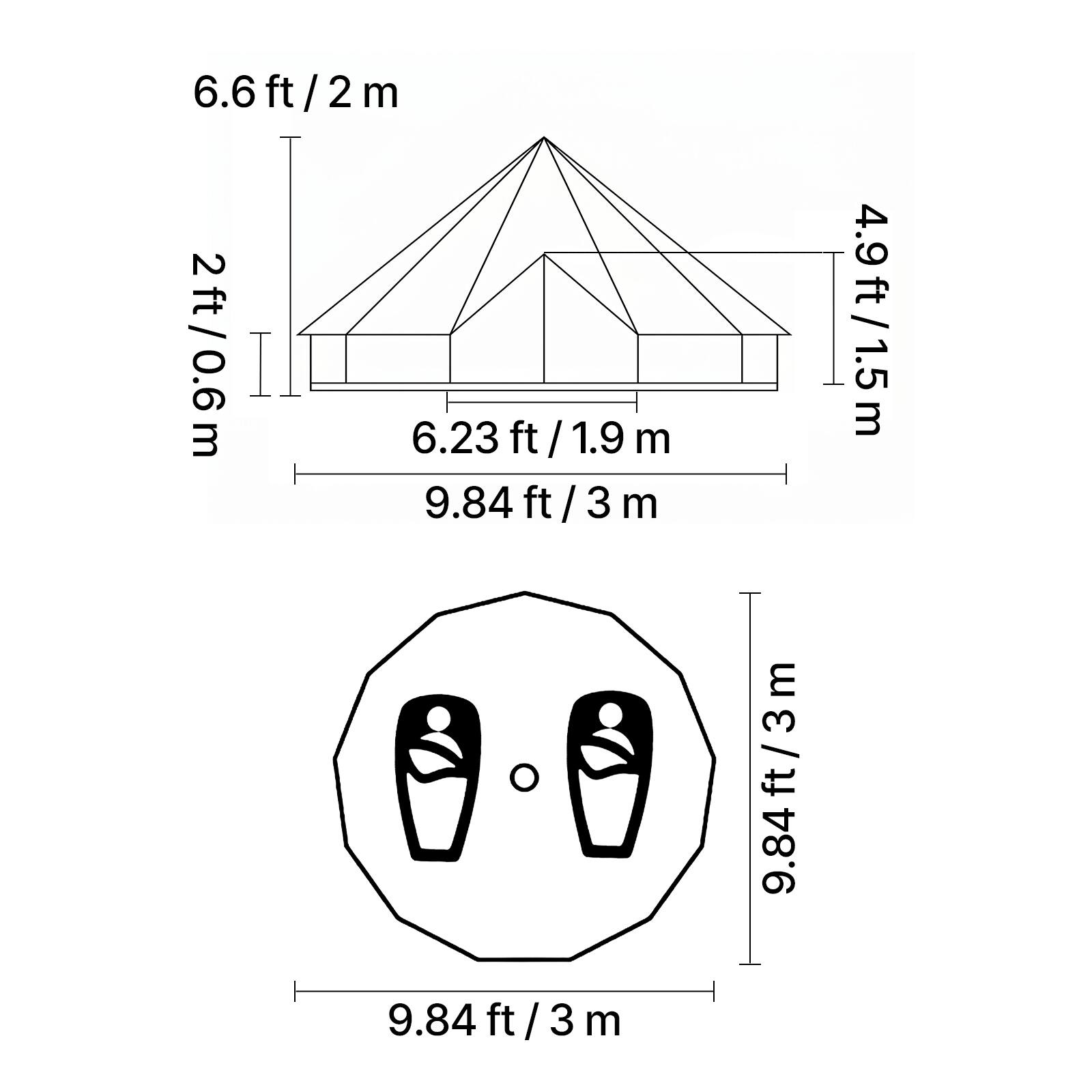 6.6 ft / 2 m  
2 ft / 0.6 m  
6.23 ft / 1.9 m  
9.84 ft / 3 m  
4.9 ft / 1.5 m