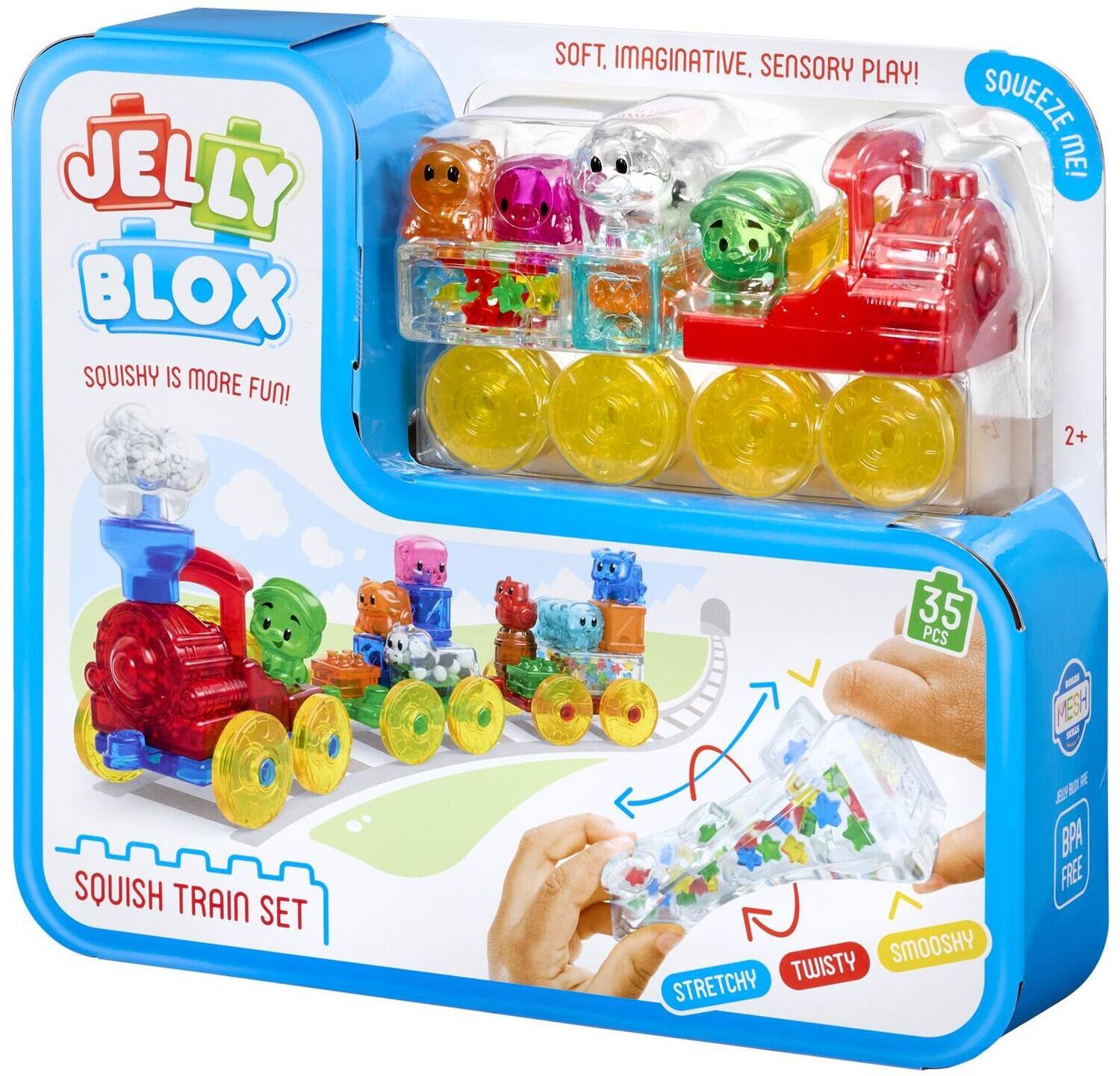 JELLY BLOX SQUISHY IS MORE FUN!  
SOFT. IMAGINATIVE. SENSORY PLAY!  
SQUEEZE ME!  
2+  
35 PCS  
- MESH  
SQUISH TRAIN SET  
SMOOSHY TWISTY STRETCHY  
BLOX ARE JELLY BPA FREE