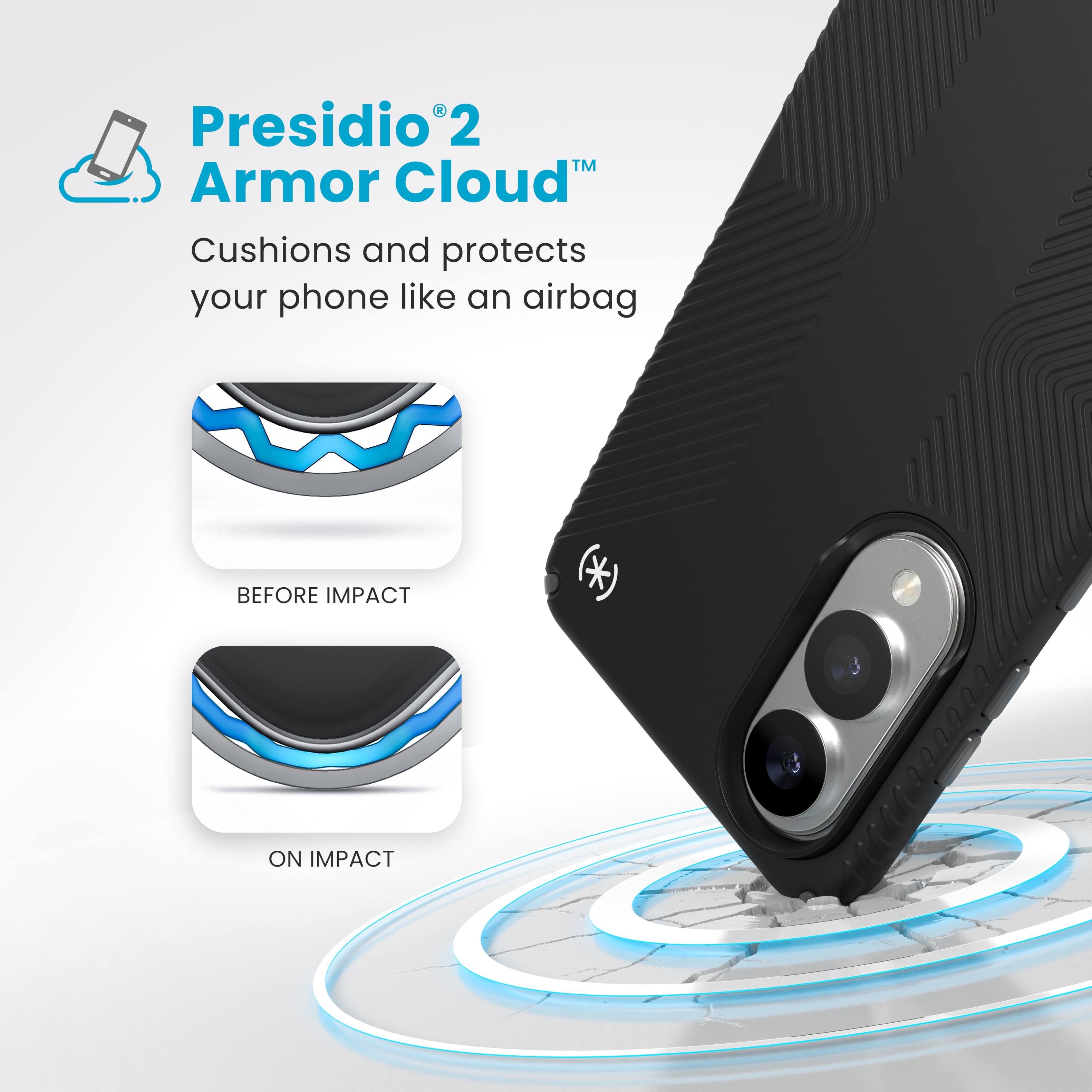 Presidio2 Armor Cloud: Cushions and protects your phone like an airbag BEFORE IMPACT (*) ON IMPACT.
