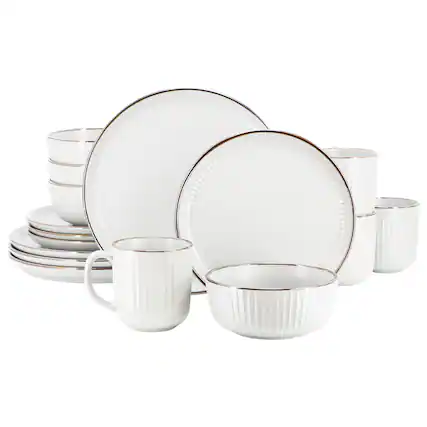 Front. Elama - Elama Leo 16 Piece Stoneware Dinnerware Set In White - White.