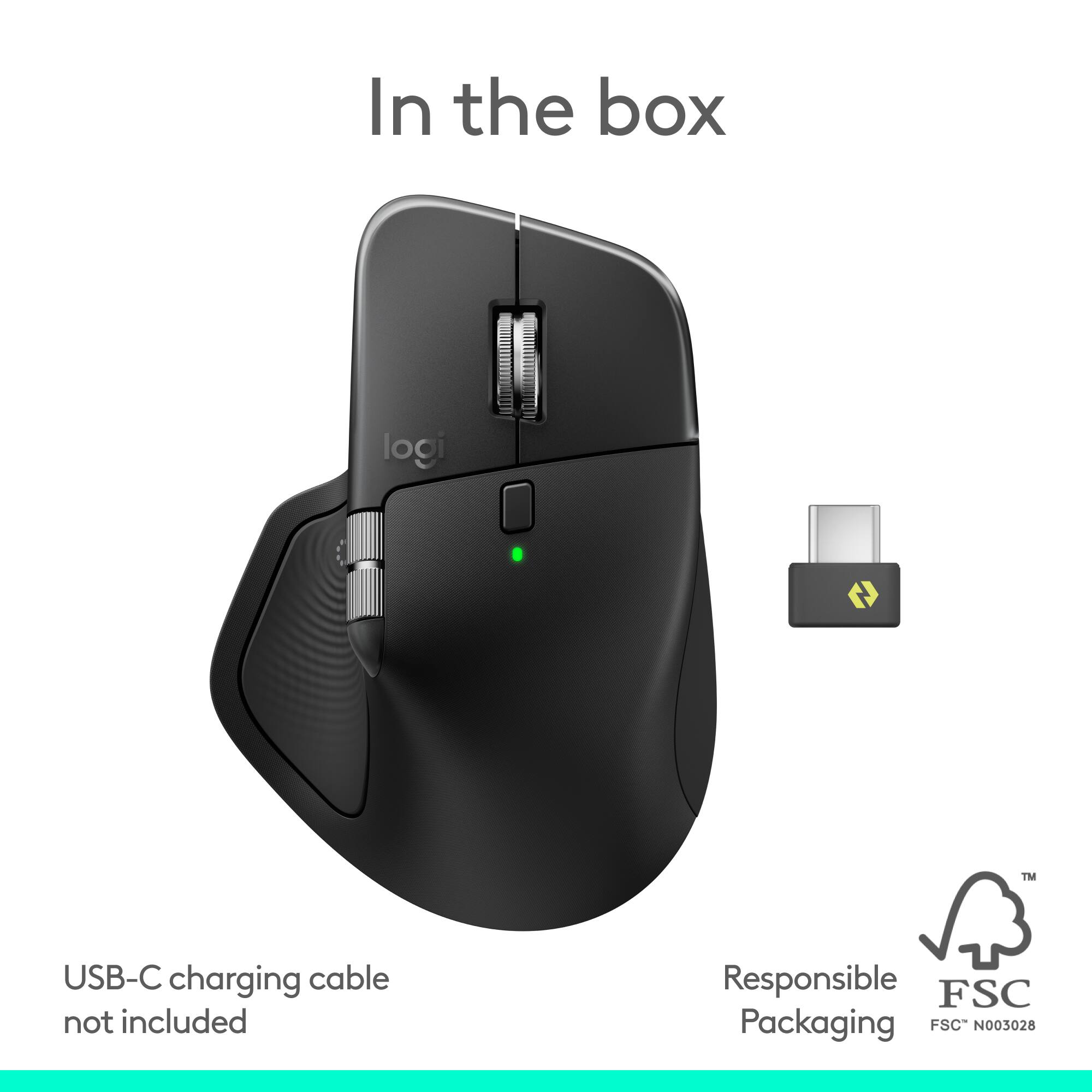 In the box: Logi M USB-C charging cable not included. Responsible FSC Packaging FSC N003028.