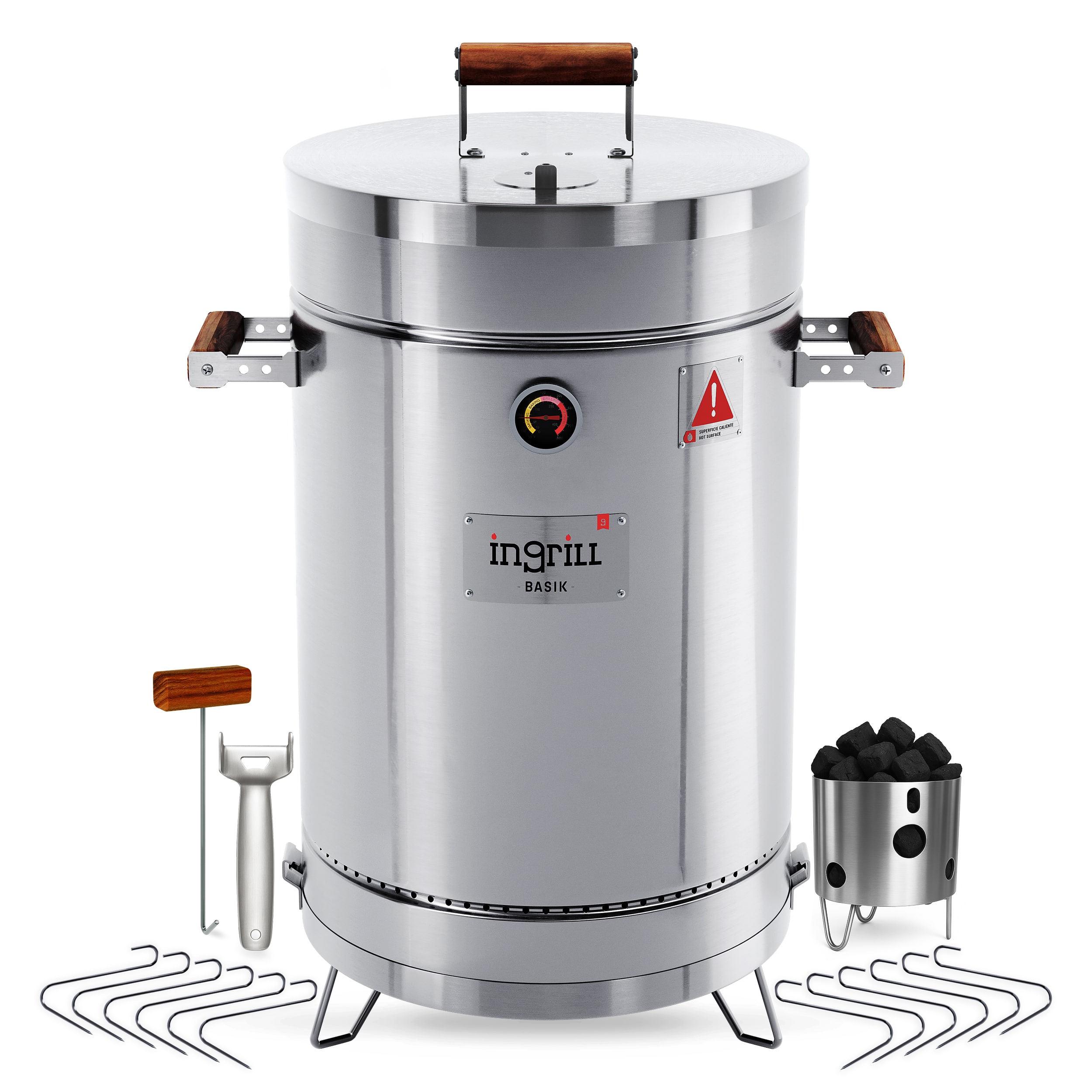 Ingrill - Charcoal Grills - Basic 25 lbs - Smoker Grill 3-in-1 for Cooking & Home BBQ - Stainless Steel