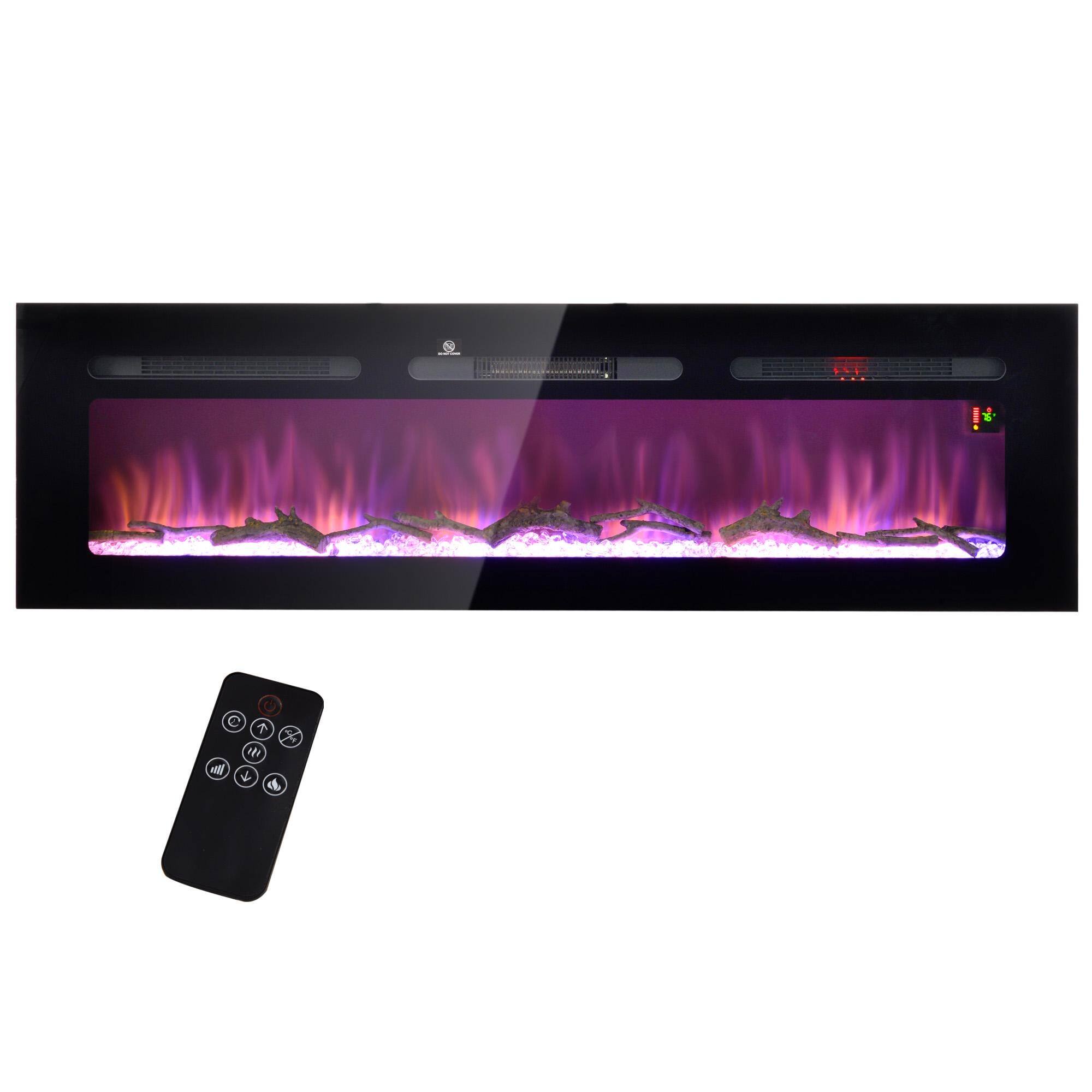Front. Resenkos - 60" Recessed or Wall Mounted Electric Fireplace Heater with Remote Control, Adjustable Flame Color and Brightness, Black - Black.