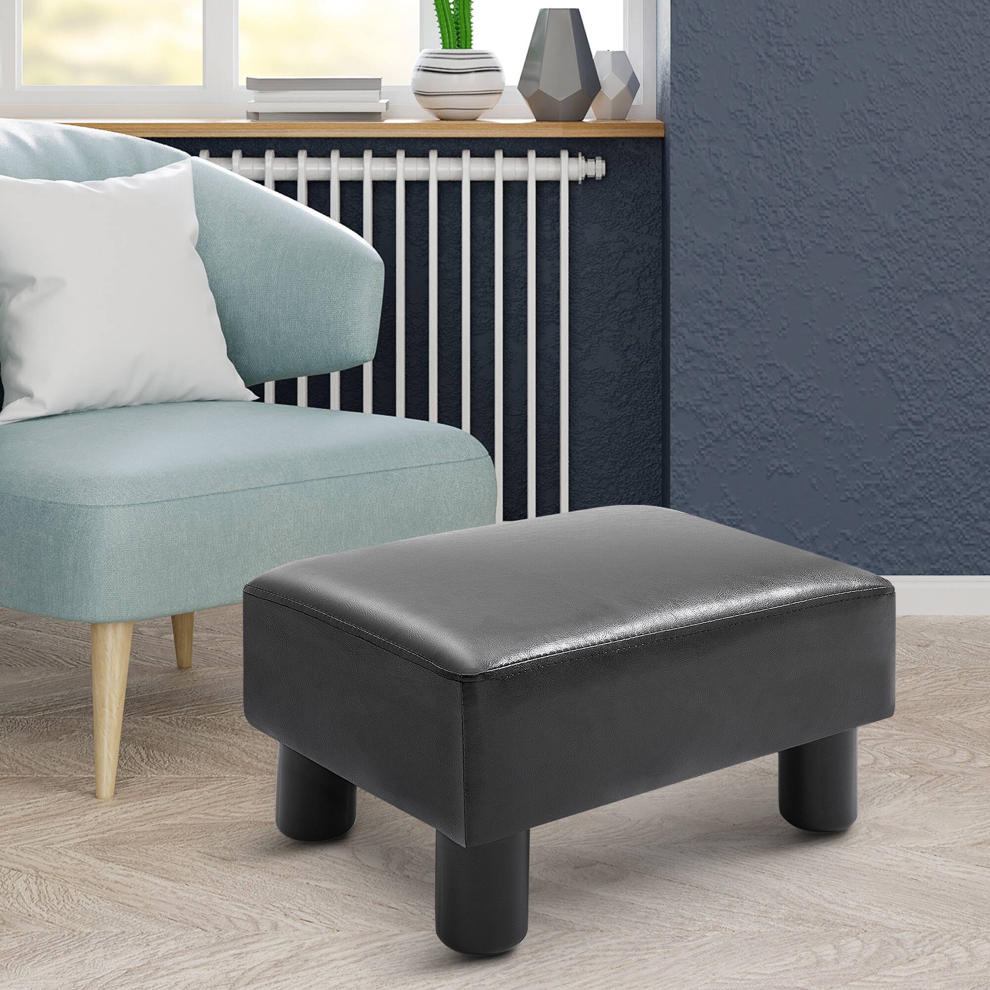 Alt View 1. Homcom - Ottoman Foot Rest, Small Faux Leather Rectangular Footstool with Padded Foam Seat & Plastic Legs - Black.