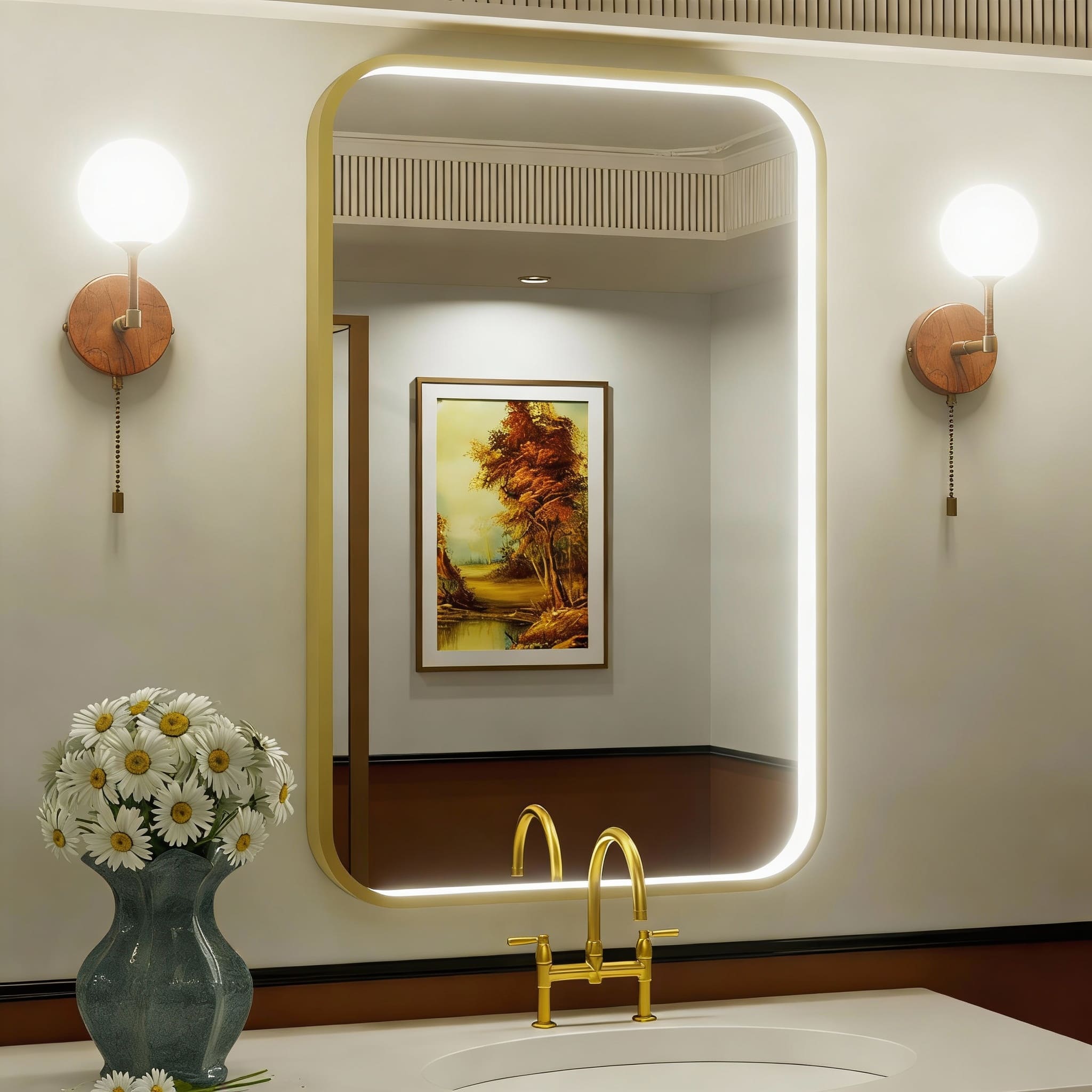 METALTON - Led Bathroom Mirror Color Lights k k k Wall Mounted Lighted Vanity For Stepless Dimmable Anti fog Memory Fu - Gold 24"L x 36"W