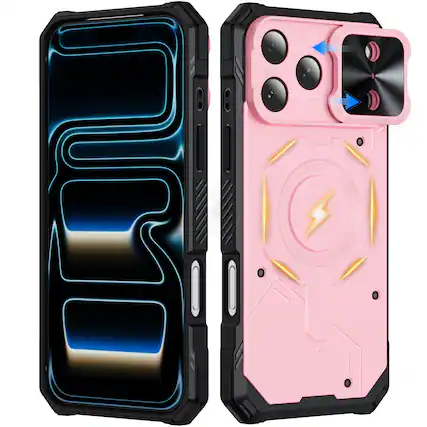 Front. Dteck - Shockproof Magnetic Hybrid Protective Case for Apple iPhone 17 Pro with Slide Camera Cover, Side Anti-Slip Texture - Pink.