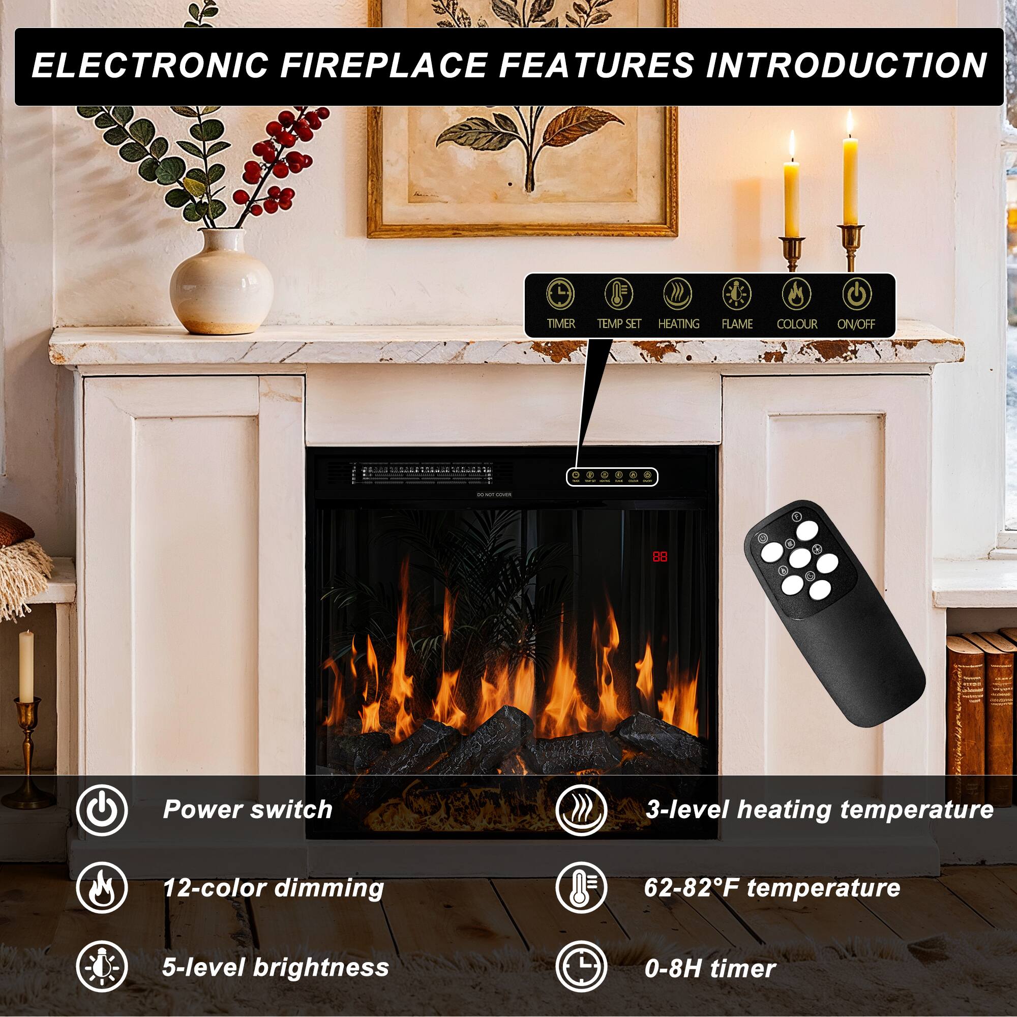 ELECTRONIC FIREPLACE FEATURES INTRODUCTION

- Power switch
- 3-level heating temperature
- 12-color dimming
- 62-82°F temperature
- 5-level brightness
- 0-8H timer