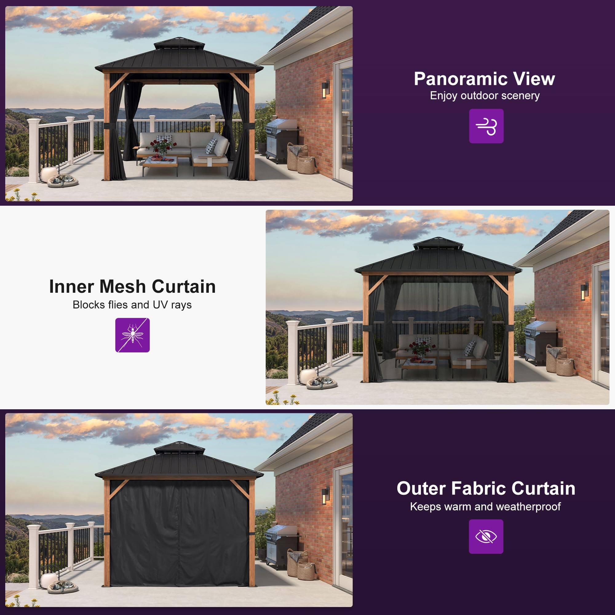 Panoramic View  
Enjoy outdoor scenery  

Inner Mesh Curtain  
Blocks flies and UV rays  

Outer Fabric Curtain  
Keeps warm and weatherproof