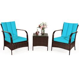 Gymax - 3PCS Patio Rattan Conversation Set Outdoor Furniture Set w/ Cushion - Turquoise