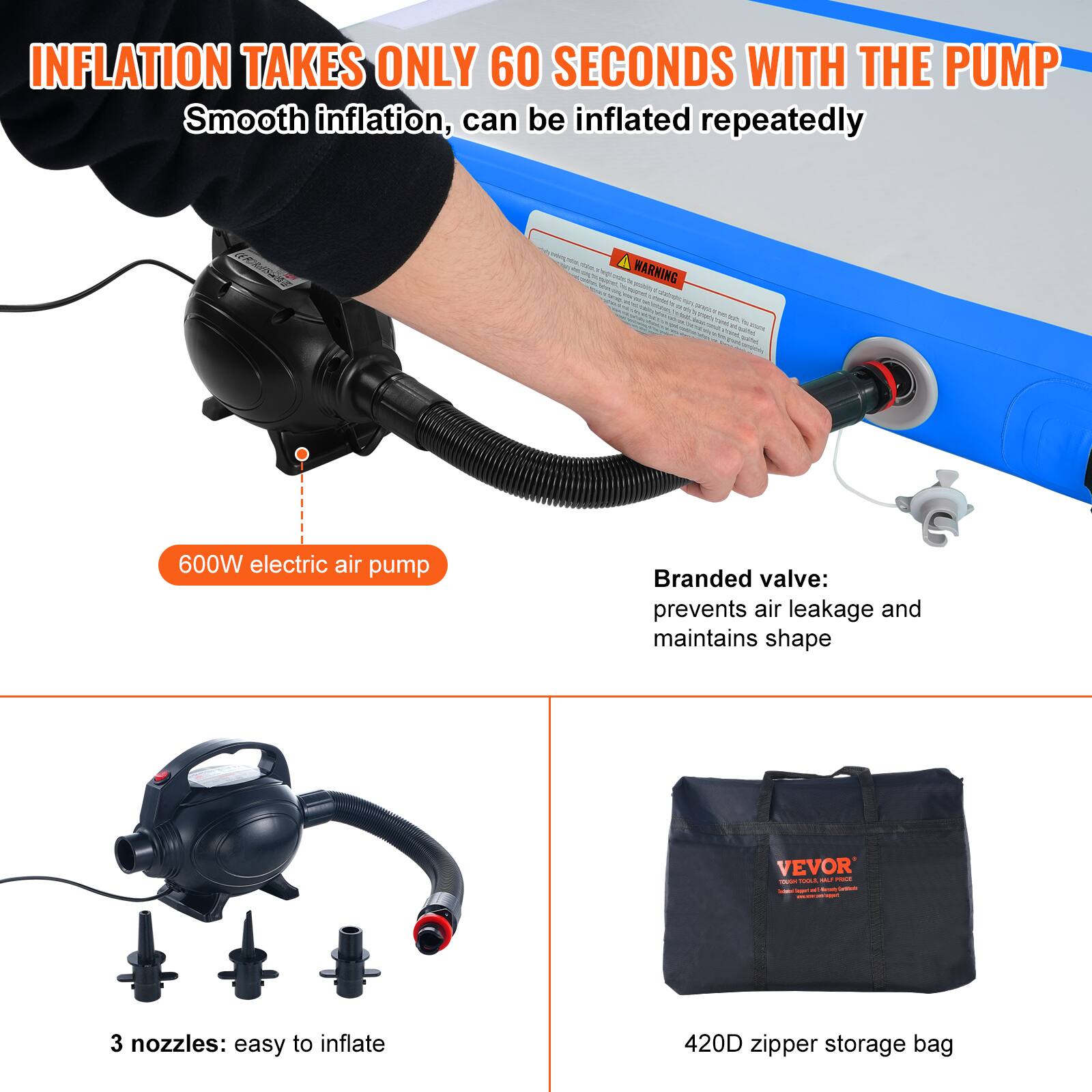 INFLATION TAKES ONLY 60 SECONDS WITH THE PUMP
Smooth inflation, can be inflated repeatedly
600W electric air pump
Branded valve: prevents air leakage and maintains shape
3 nozzles: easy to inflate
420D zipper storage bag