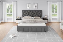 Qeetex - King Size Bed Frame with Diamond Tufted Headboard, Upholstered with Storage Drawer, No Box Spring, Gray - Gray King