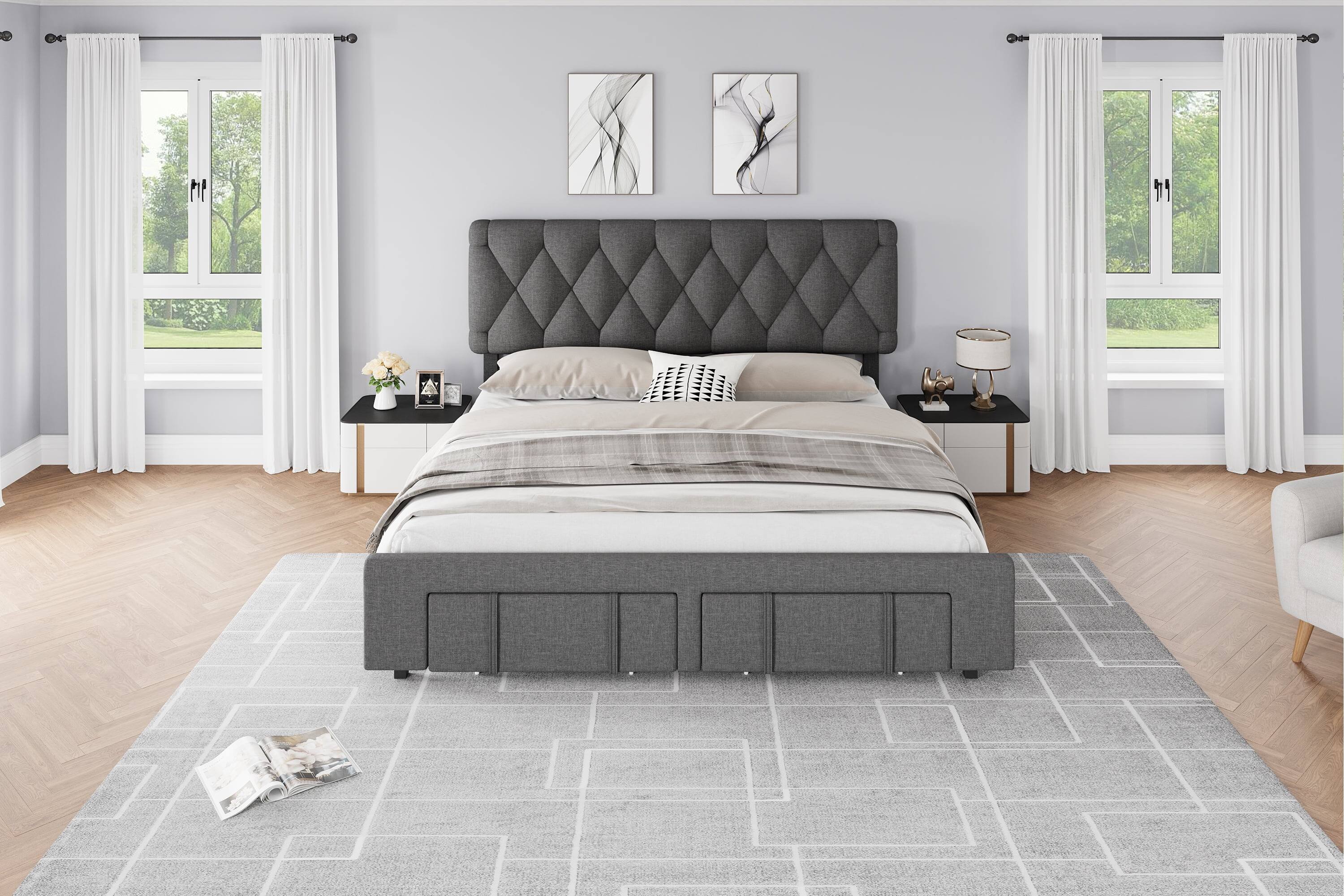 Front. Qeetex - King Size Bed Frame with Diamond Tufted Headboard, Upholstered with Storage Drawer, No Box Spring, Gray - Gray King.
