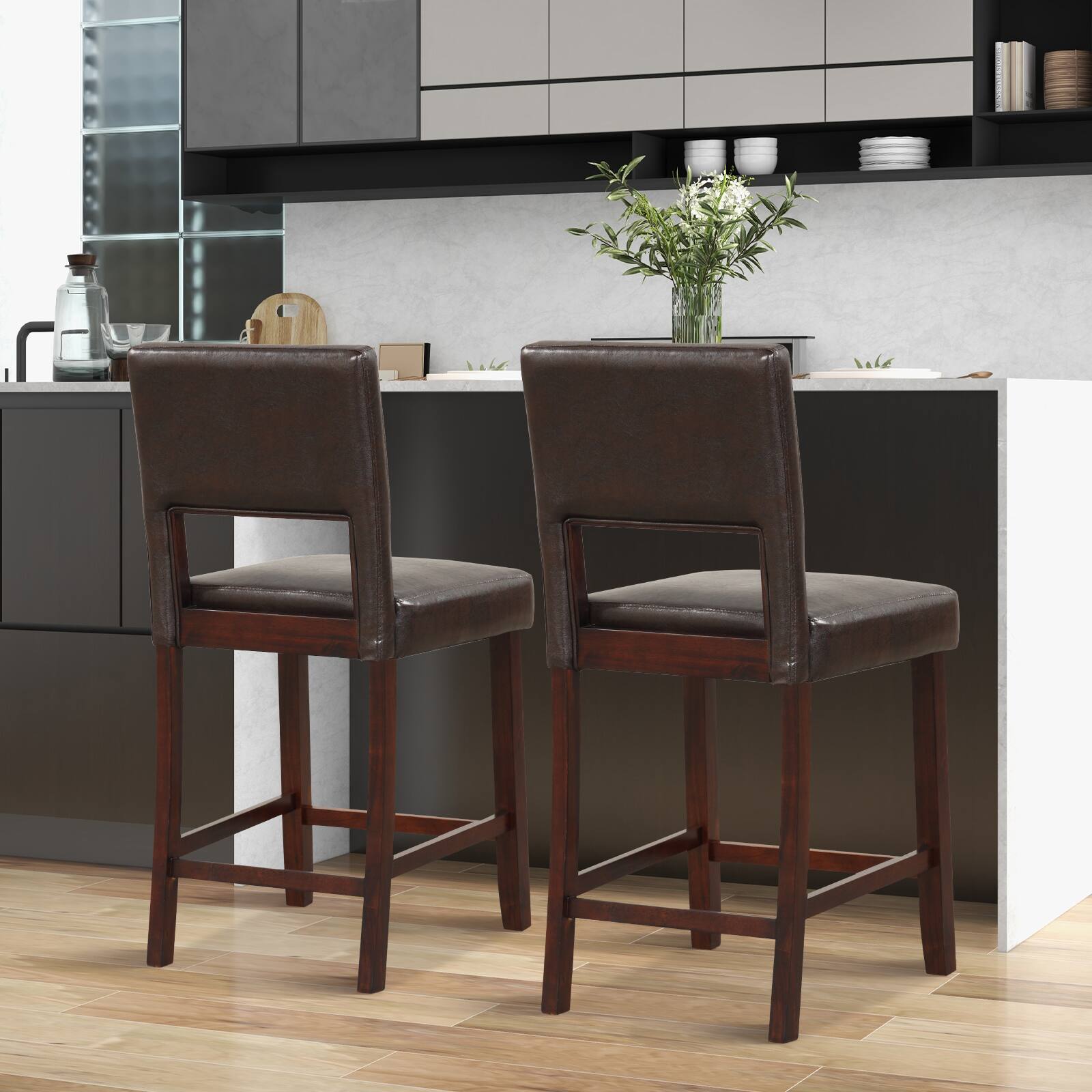 Alt View 7. Ecooso - 2 Piece Bar Chair Set with Hollowed Back and Rubber Wood Legs - Brown.
