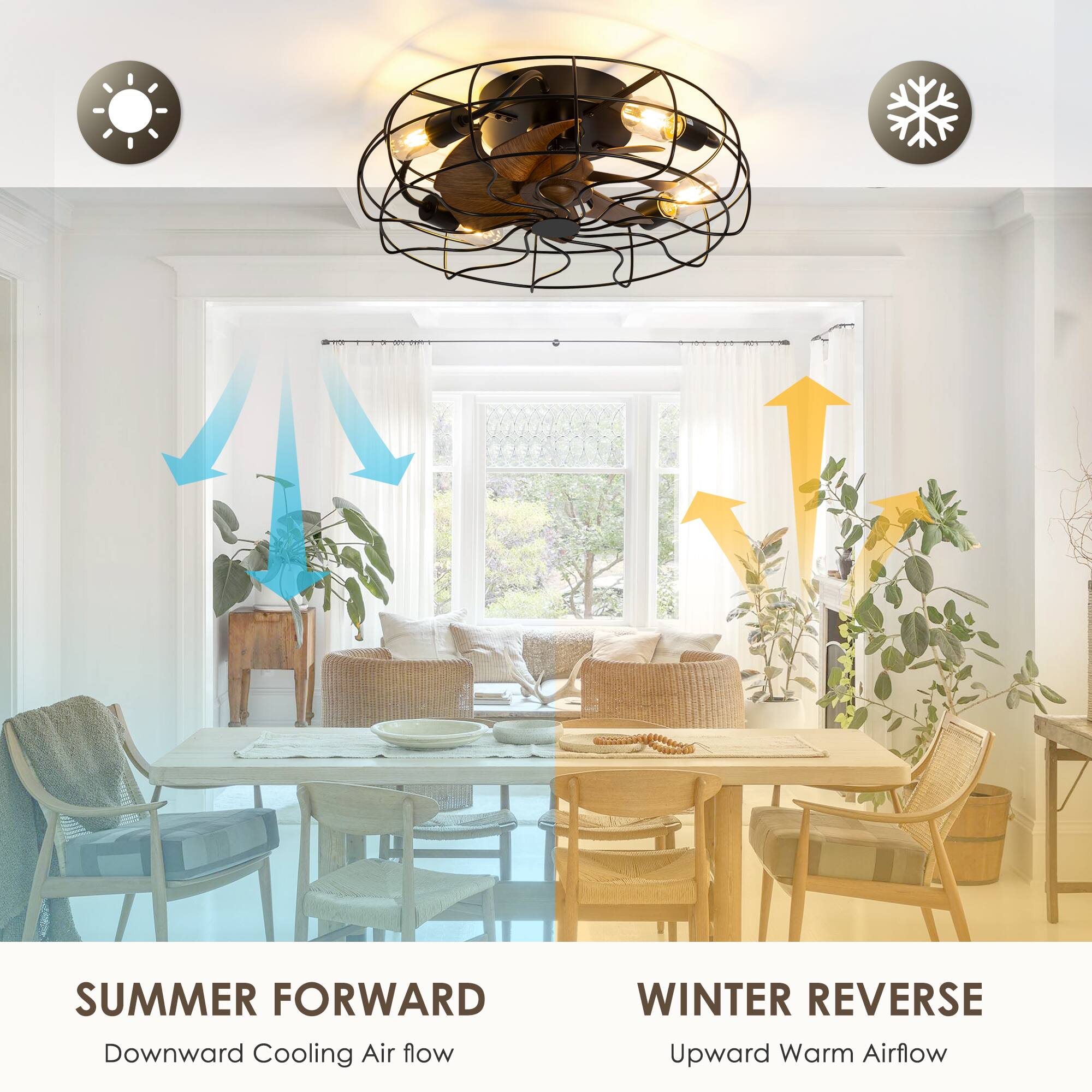 SUMMER FORWARD  
Downward Cooling Air flow  

WINTER REVERSE  
Upward Warm Airflow
