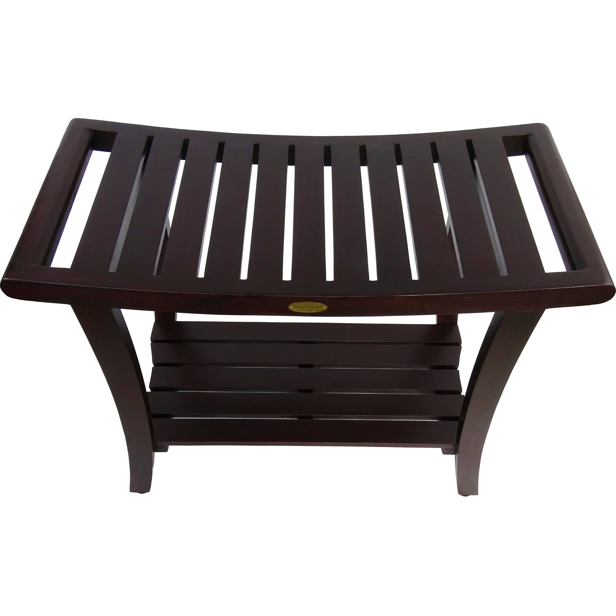 Left. DecoTeak - DecoTeak Harmony 30"L Teak Wood Bench with Shelf and LiftAide Arms in Woodland Brown Finish - Extended Height - Woodland Brown.