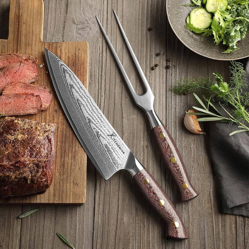 Back. Kitcheniva - 8" 67 Layer Damascus Steel Chefs Knife and 5" Carving Fork with Micarta Handle.