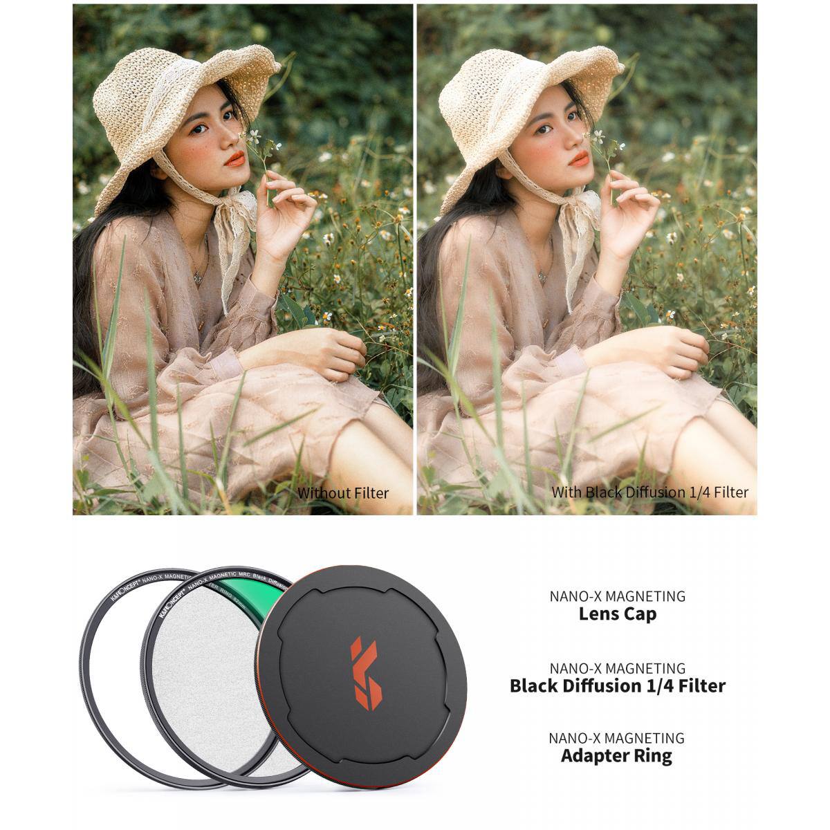 Without Filter  
With Black Diffusion 1/4 Filter  

WCAER  
NANO-X MAGNETING Lens Cap  
NANO-X MAGNETING Black Diffusion 1/4 Filter  
NANO-X MAGNETING Adapter Ring