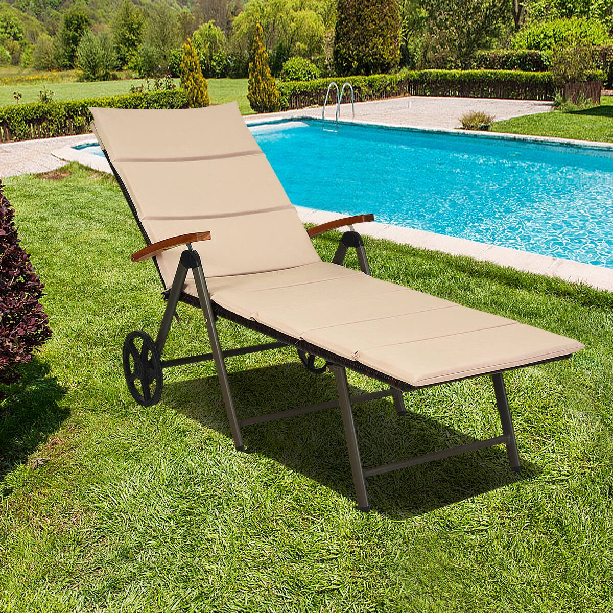 Alt View 1. Costway - Folding Outdoor Pool Chaise Lounge Chair Aluminum Rattan Lounger Recliner Chair W/Wheels - Brown.