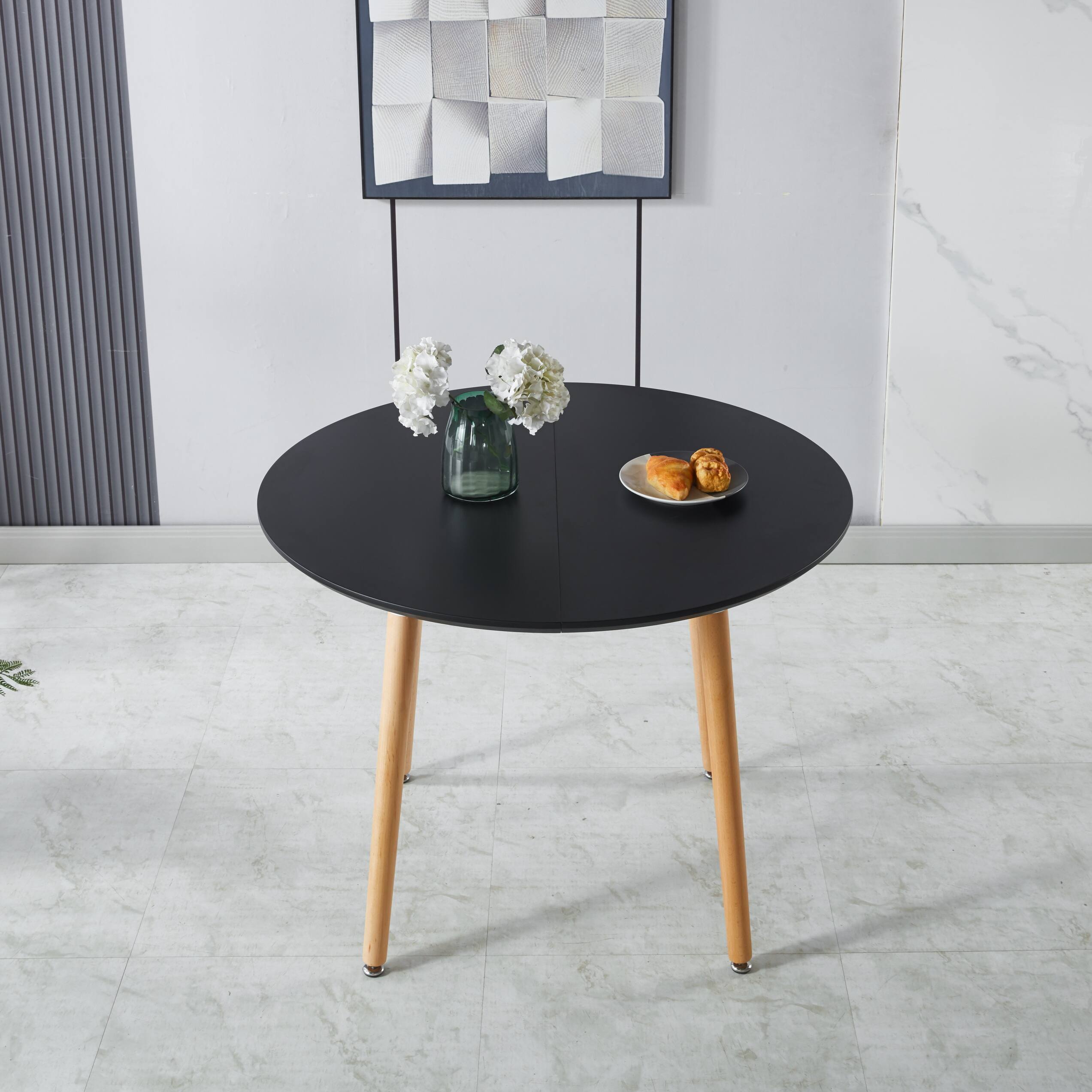 Left. TinyHomie - Extensible Table Wood Leg Mdf Top 100140180X100X75Cm Black For Dining Office - Black.