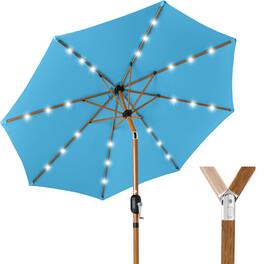 Best Choice Products - 10ft Solar LED Lighted Outdoor Woodgrain Pattern Steel Market Patio Umbrella - Sky Blue - Sky Blue - Woodgrain Finish