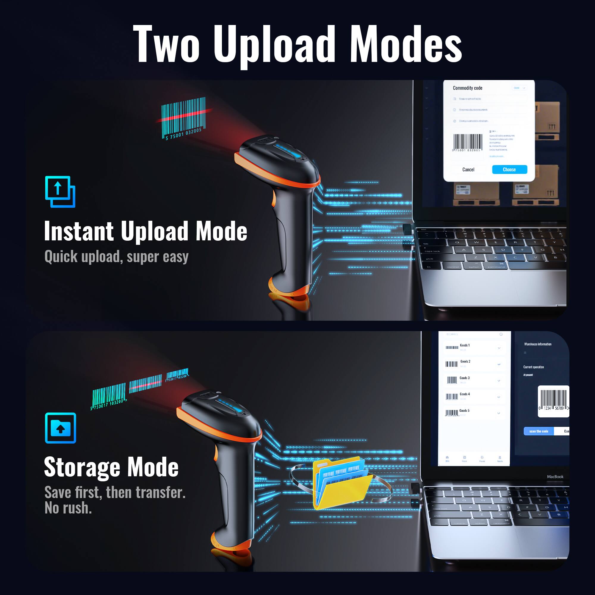 Two Upload Modes

Instant Upload Mode
Quick upload, super easy

Storage Mode
Save first, then transfer. No rush.