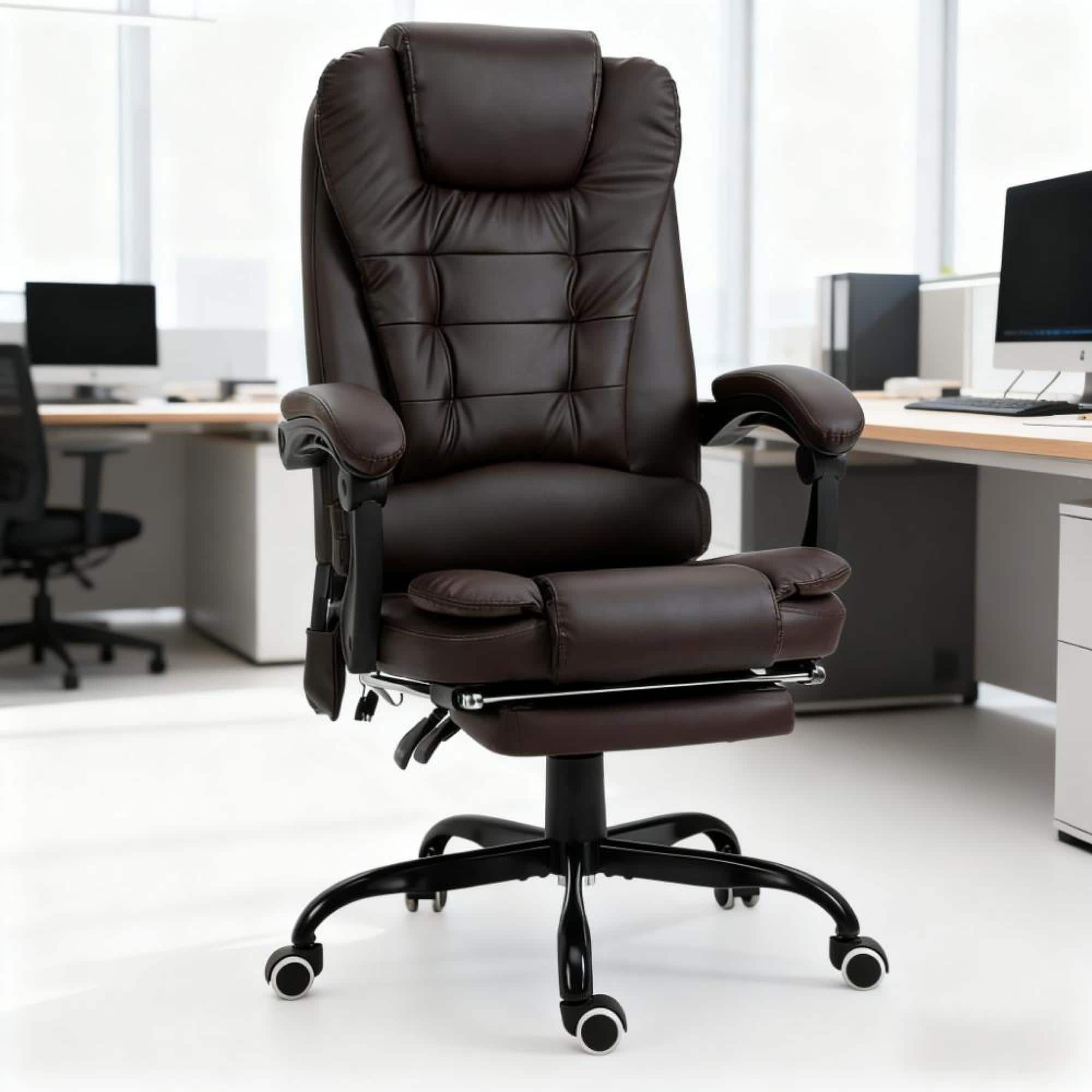 GOODSILO - Ergonomic High-Back Massage Office Chair with Adjustable Lumbar Support and Retractable Footrest for Ultimate Comfort - Brown