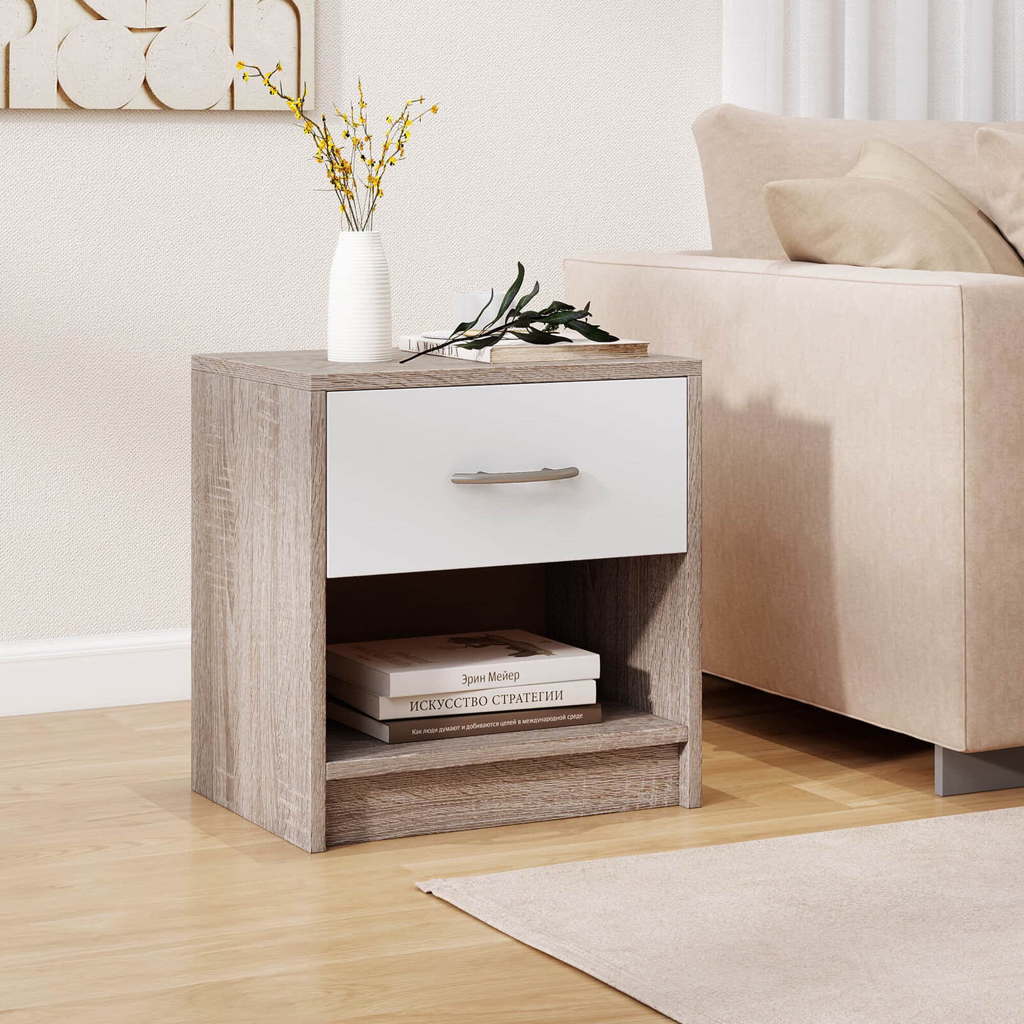 Alt View 3. Costway - Costway Modern Nightstand Bedside Table with Drawer Open Storage Shelf for Small Spaces - Light Gray.