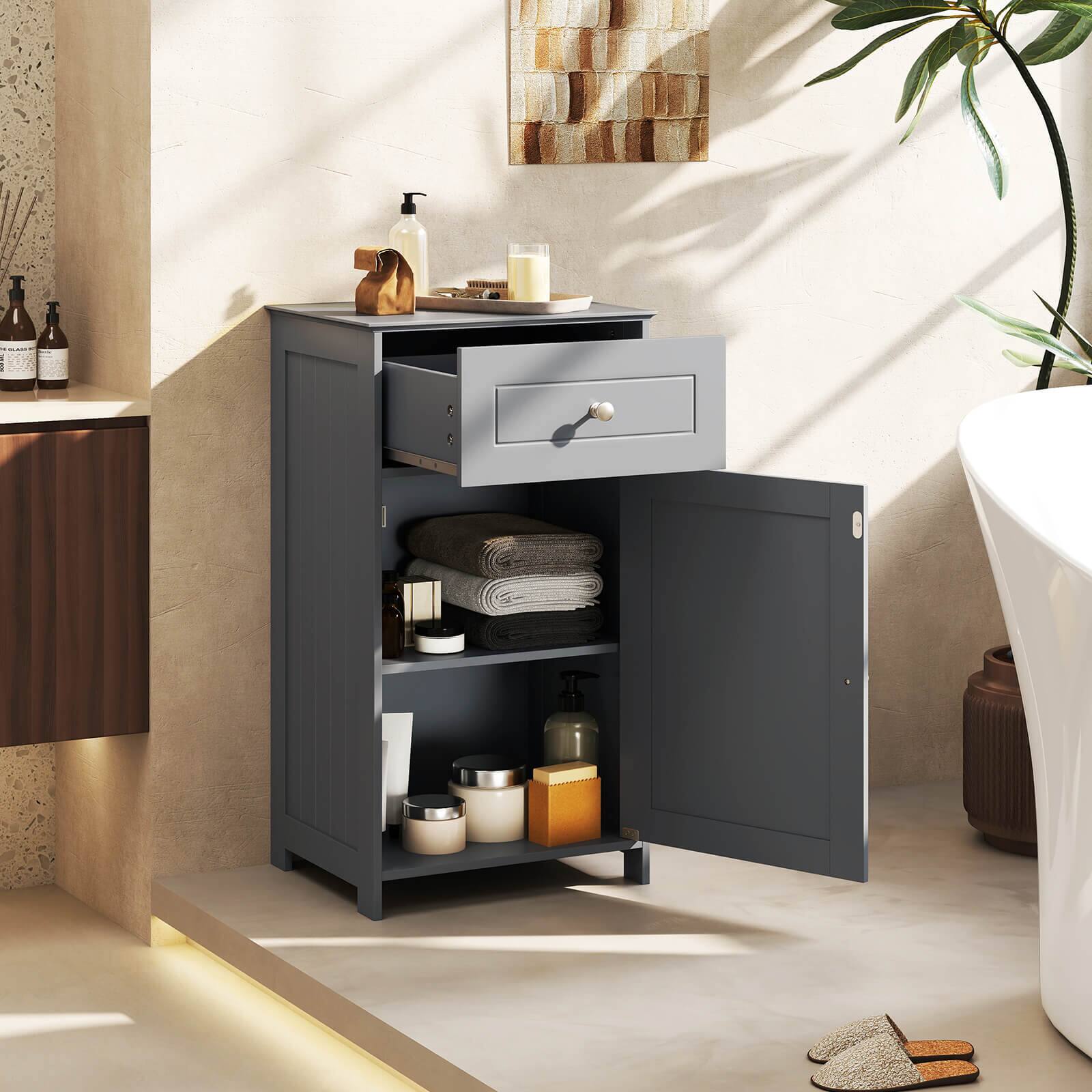 Alt View 1. Costway - Costway White Floor Storage Cabinet Bathroom Organizer Cupboard Drawer Shelf Bath Towel Gray - Gray.