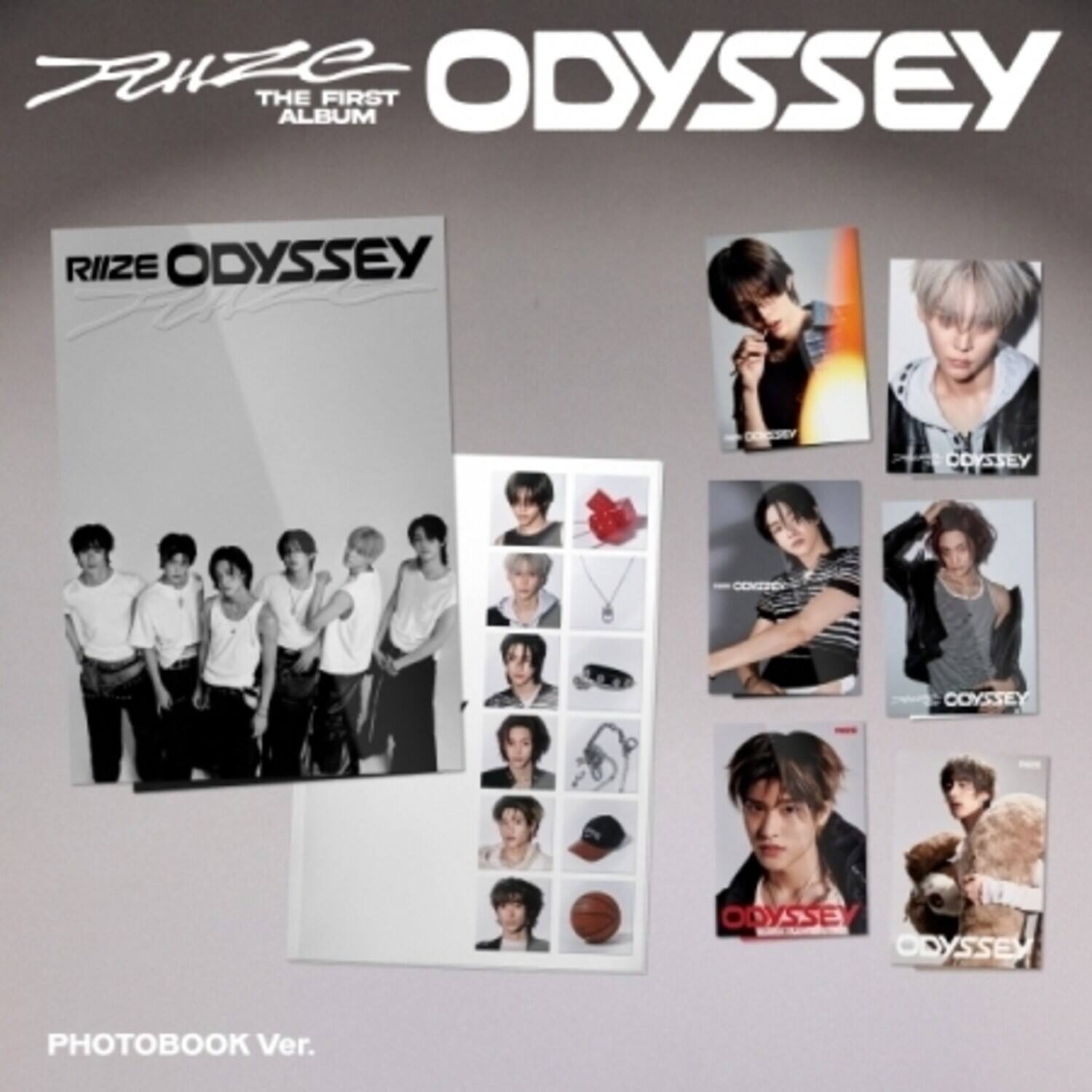 Sure, here is the corrected and grouped text from the image:

---

**FUHZE ODYSSEY**

**THE FIRST ALBUM**

**RIIZE ODYSSEY**

**PHOTOBOOK Ver.**

---

**ODYSSEY** (appears multiple times on the photos and cards)