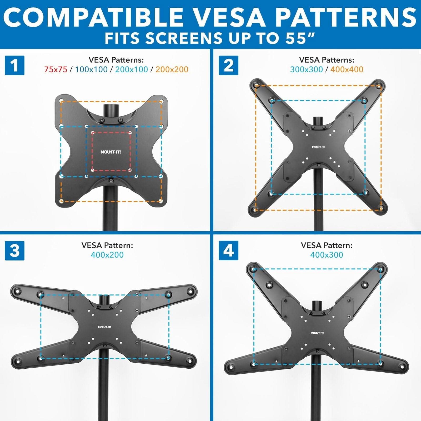 COMPATIBLE VESA PATTERNS  
FITS SCREENS UP TO 55"  

1. VESA Patterns: 75x75 / 100x100 / 200x100 / 200x200  
2. VESA Patterns: 300x300 / 400x400  
3. VESA Pattern: 400x200  
4. VESA Pattern: 400x300
