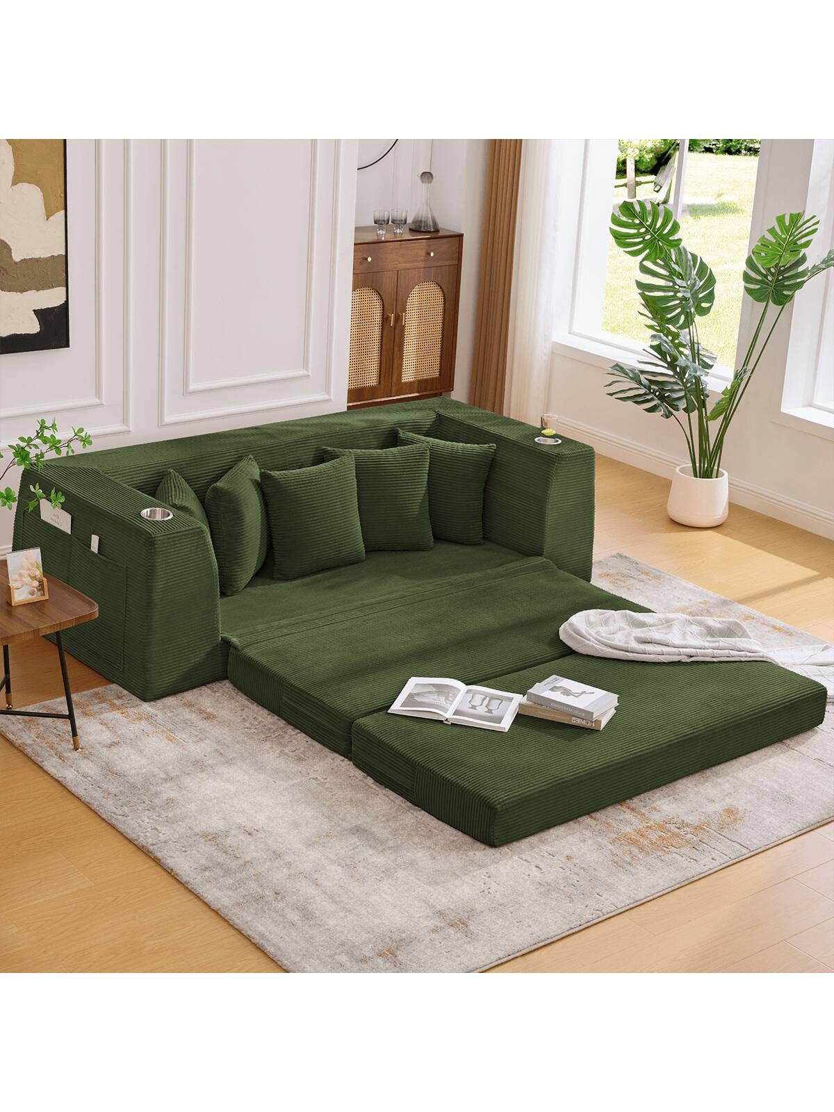 Alt View 5. Trinkets Crazed - 82.25" Convertible Sofa Bed, Loveseat Sleeper Sofa, 2 In 1 Sofa, Corduroy Pull Out Sofa Bed, 5 Pillows, Side Pocket - Green.
