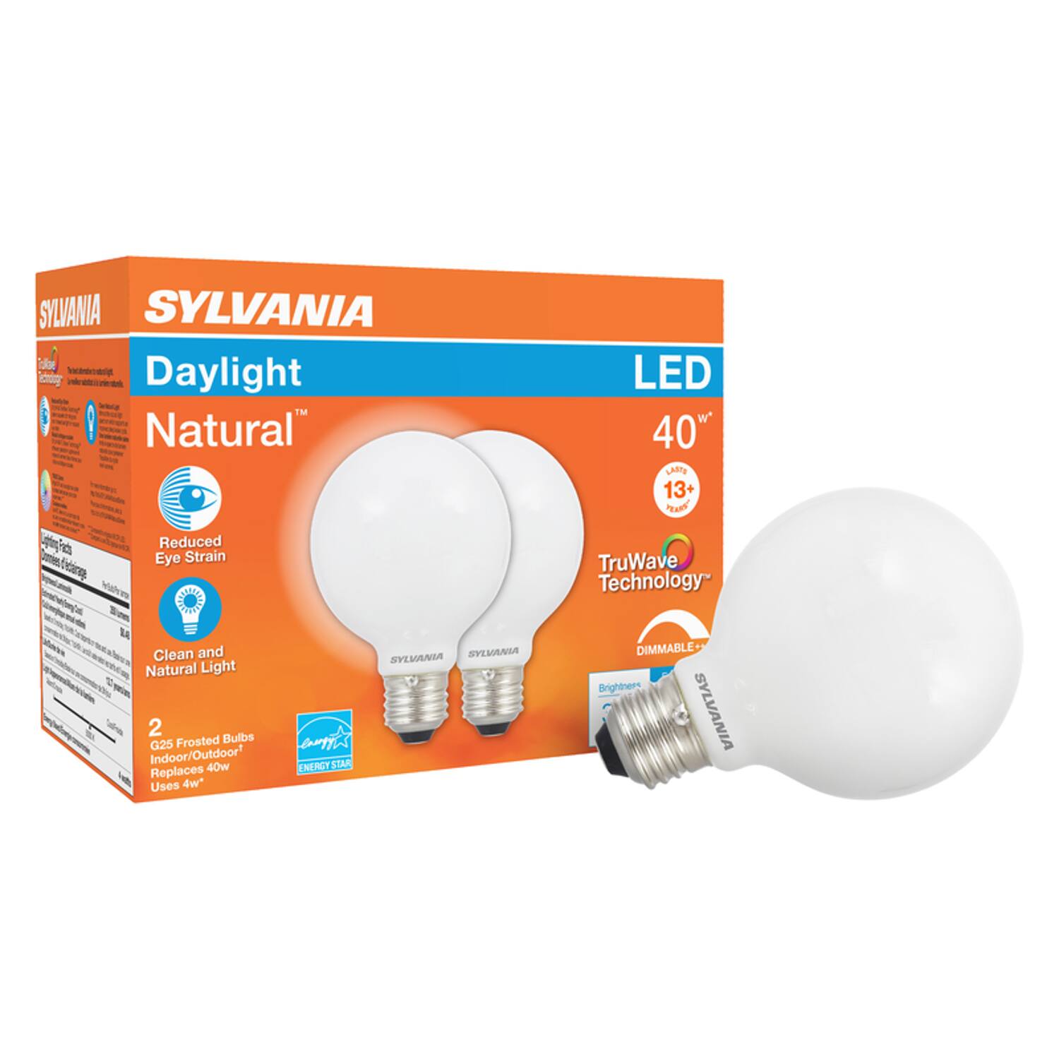 SYLVANIA Daylight Natural LED 40W  
Reduced Eye Strain  
Clean and Natural Light  
2 Frosted Bulbs  
Indoor/Outdoor  
Replaces 40W  
Uses 4W  
TruWave Technology  
DIMMABLE  
Brightens