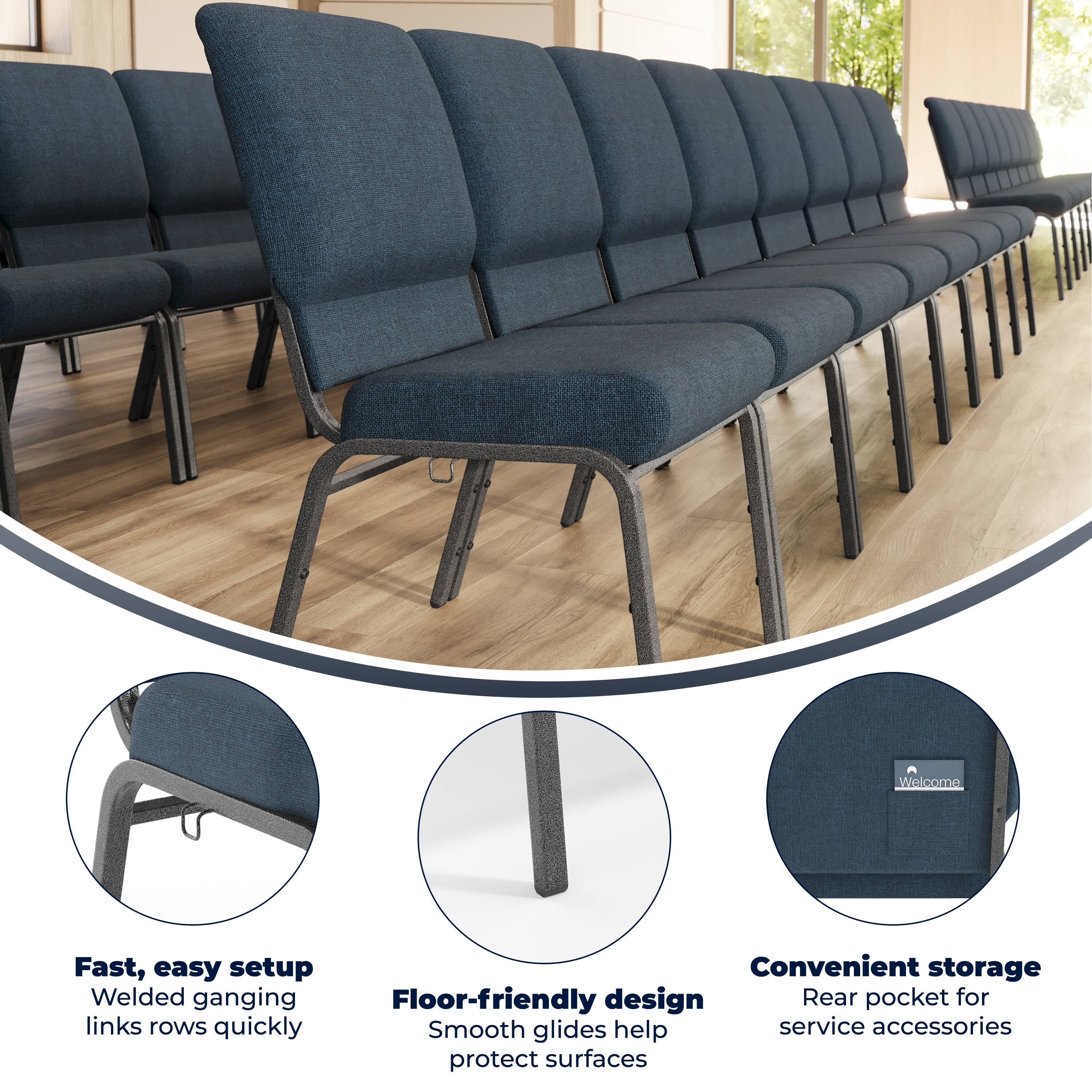 Welcome  
Fast, easy setup  
Convenient storage  
Welded ganging links rows quickly  
Floor-friendly design  
Smooth glides help protect surfaces  
Rear pocket for service accessories