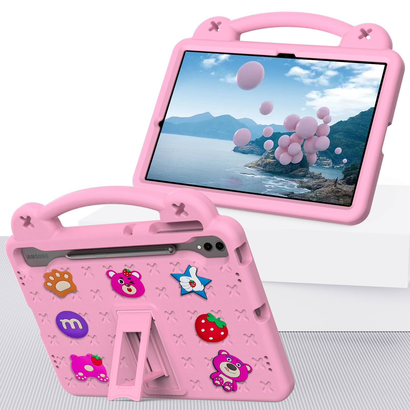 Alt View 1. Dteck - For Samsung Galaxy Tab S9 FE+/S9+/S8+/S7 FE/S7+ Cute Cartoon Kid Case Built-in Kickstand Handle Grip Shockproof Cover - Pink.
