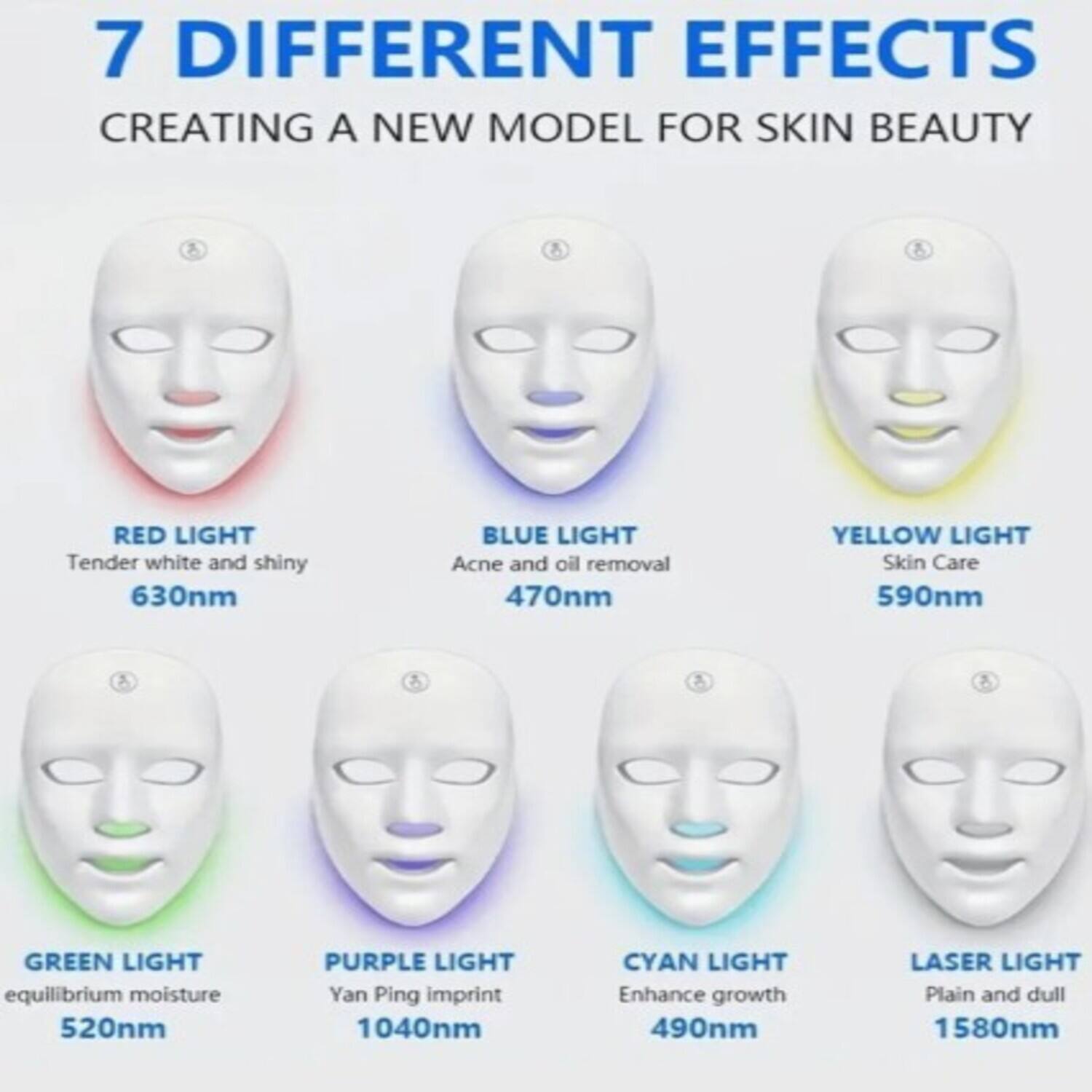7 DIFFERENT EFFECTS  
CREATING A NEW MODEL FOR SKIN BEAUTY

- RED LIGHT  
  Tender white and shiny  
  630nm

- BLUE LIGHT  
  Acne and oil removal  
  470nm

- YELLOW LIGHT  
  Skin Care  
  590nm

- GREEN LIGHT  
  equilibrium moisture  
  520nm

- PURPLE LIGHT  
  Yan Ping imprint  
  1040nm

- CYAN LIGHT  
  Enhance growth  
  490nm

- LASER LIGHT  
  Plain and dull  
  1580nm
