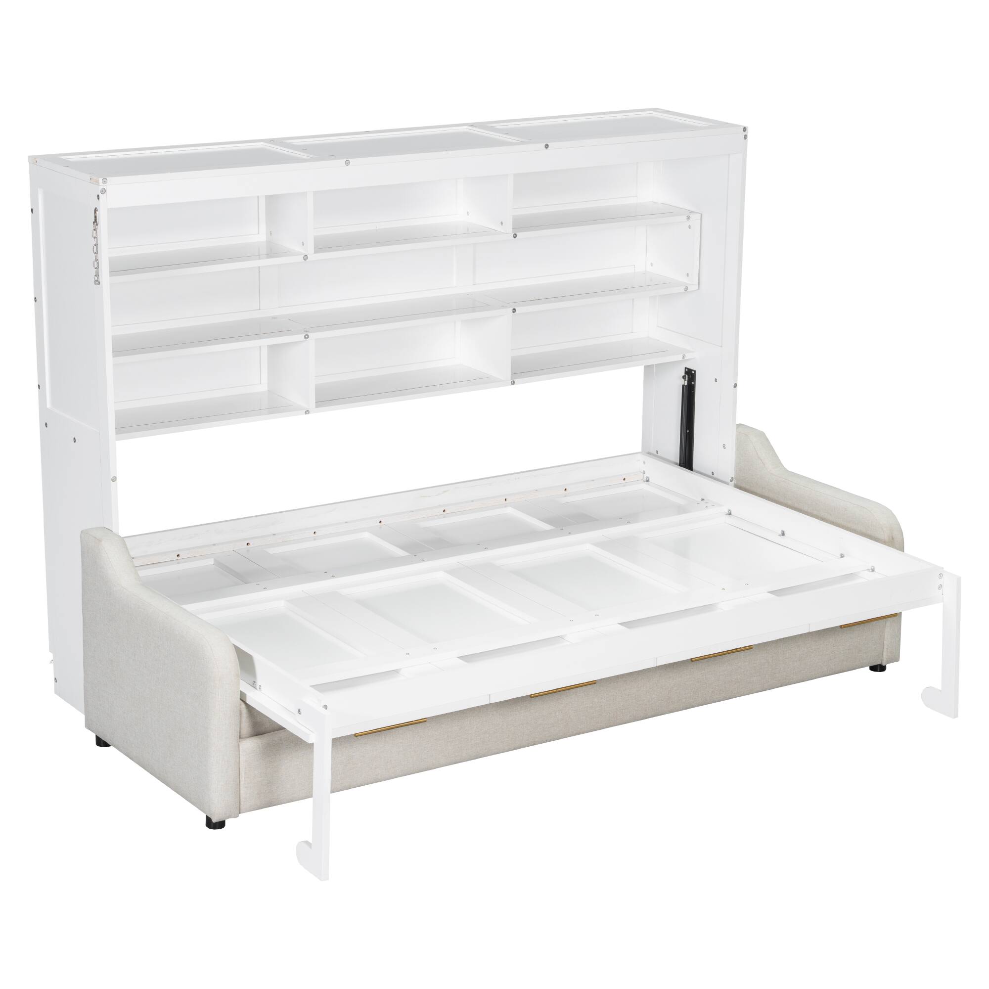 Alt View 2. Whisen - Full Size Murphy Bed with Folding Sofa, Integrated Storage Shelves and LED Lighting - Beige.