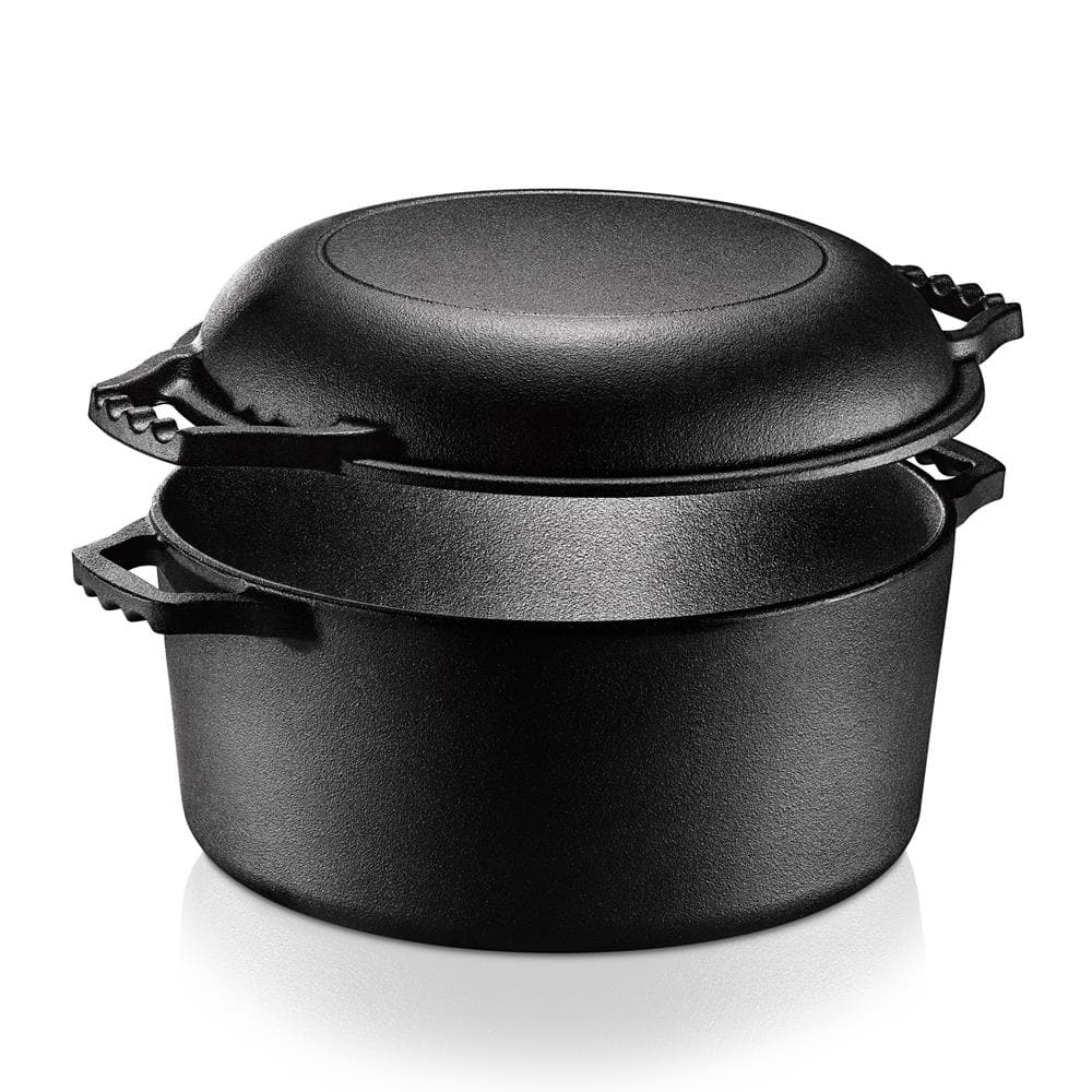 NutriChef - Cast Iron Multi Cooker - Pre-Seasoned Non-Stick Double Dutch Oven Stovetop Casserole Cookware Braising Pot - Black