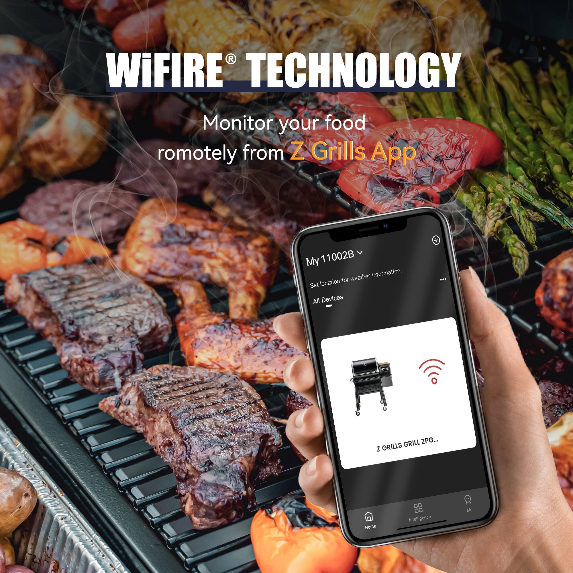 WiFIRE Technology Monitor your food remotely from Z Grills App. My 11002B weather information and location for Set Al Devices. GRILL ZPG... Z GRILLS Nome Inteligence Me.