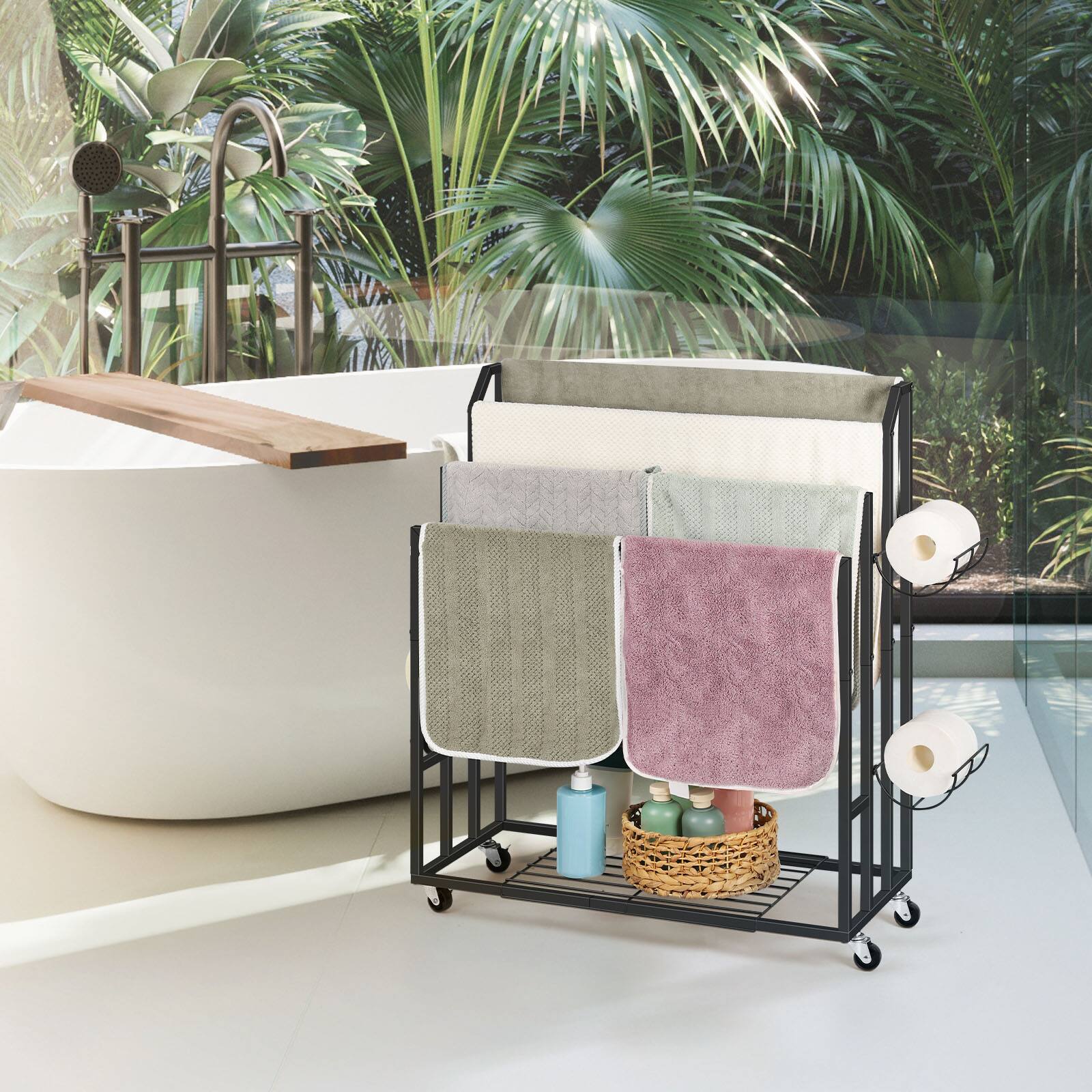 Alt View 2. Oumilen - 4-Section Rolling Towel Drying Rack, Matte Black - Black.